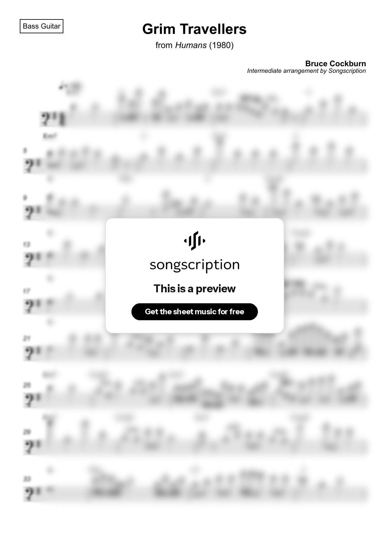 Intermediate Bass Guitar Sheet Music for "Grim Travellers" by Bruce Cockburn