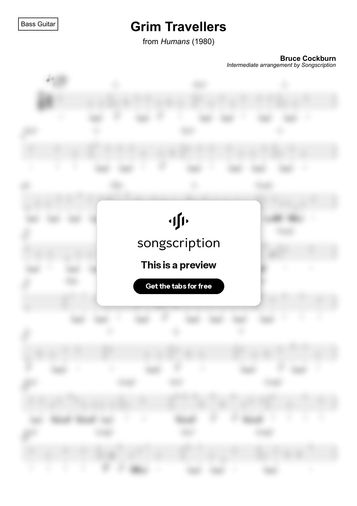 Intermediate Bass Guitar Tabs for "Grim Travellers" by Bruce Cockburn