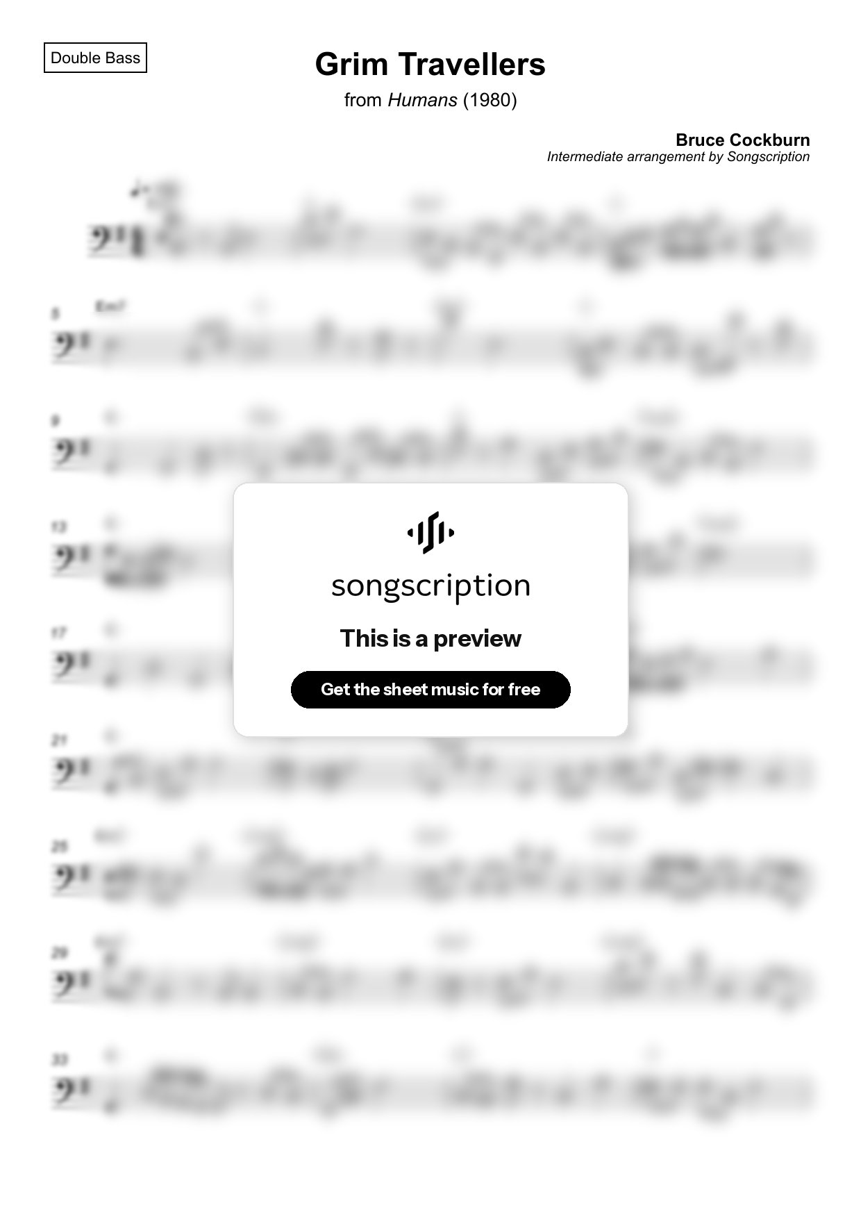 Intermediate Double Bass Sheet Music for "Grim Travellers" by Bruce Cockburn