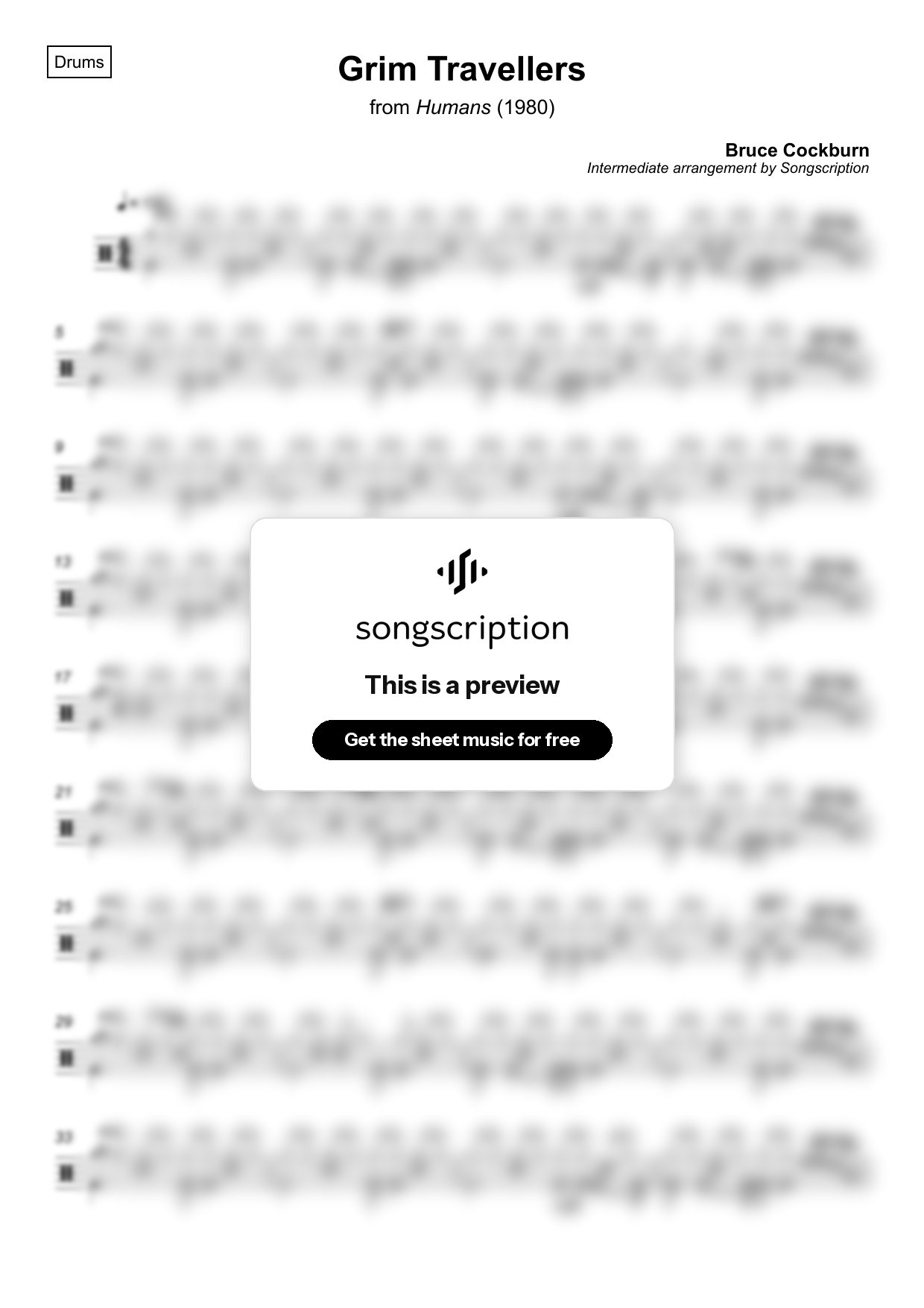 Intermediate Drums Sheet Music for "Grim Travellers" by Bruce Cockburn