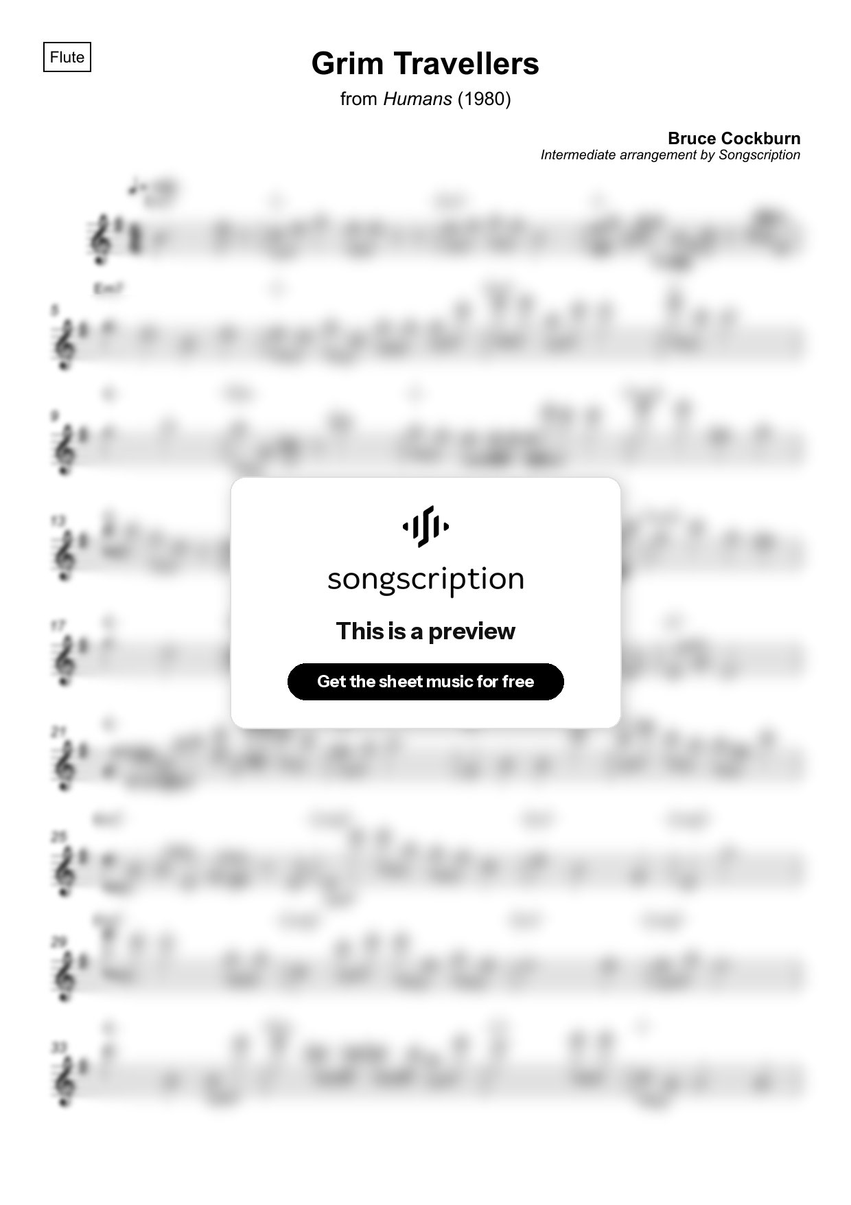 Intermediate Flute Sheet Music for "Grim Travellers" by Bruce Cockburn