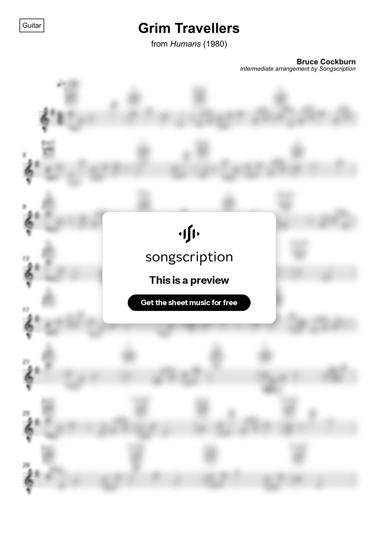 Intermediate Acoustic Guitar Sheet Music for "Grim Travellers" by Bruce Cockburn