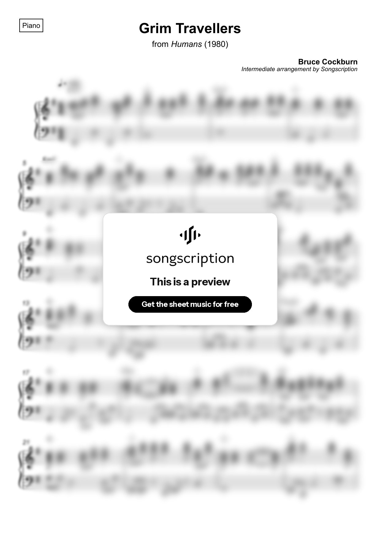 Intermediate Piano Sheet Music for "Grim Travellers" by Bruce Cockburn