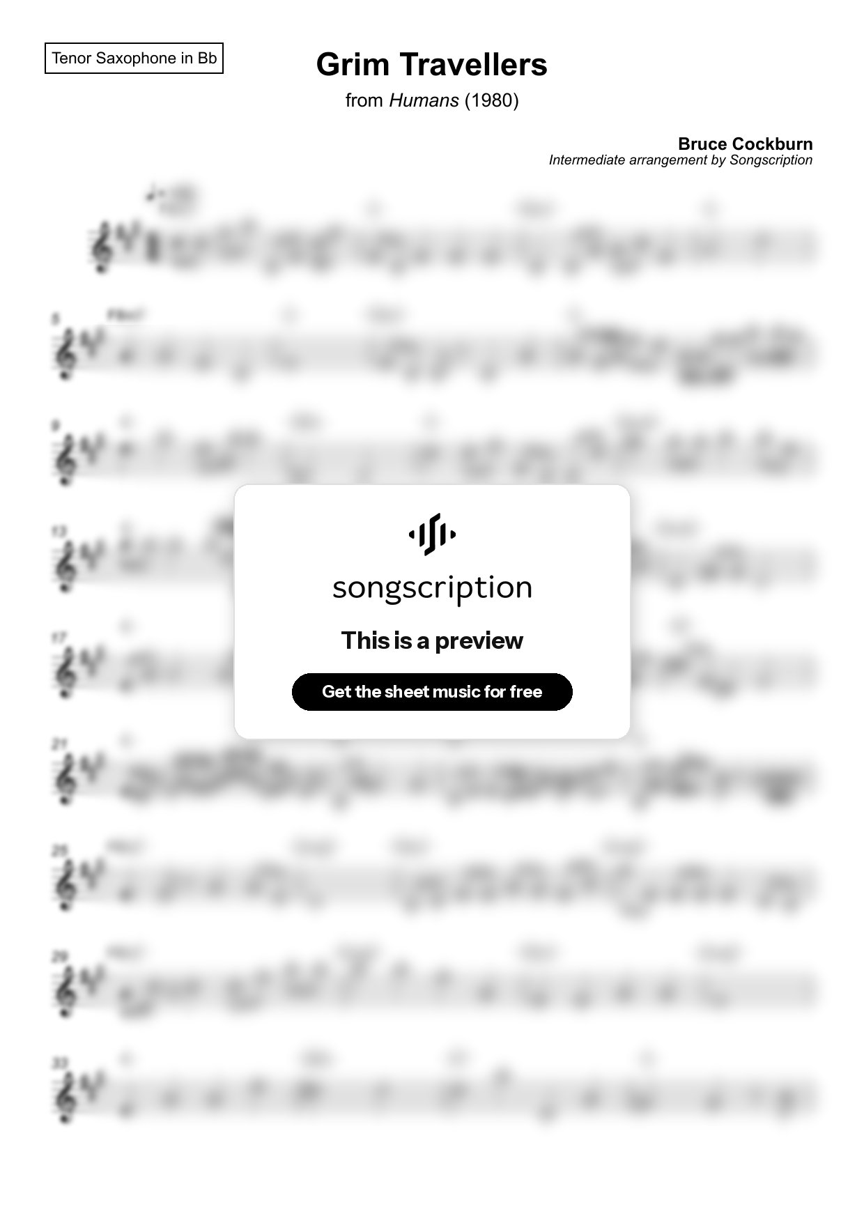 Intermediate Tenor Sax Sheet Music for "Grim Travellers" by Bruce Cockburn