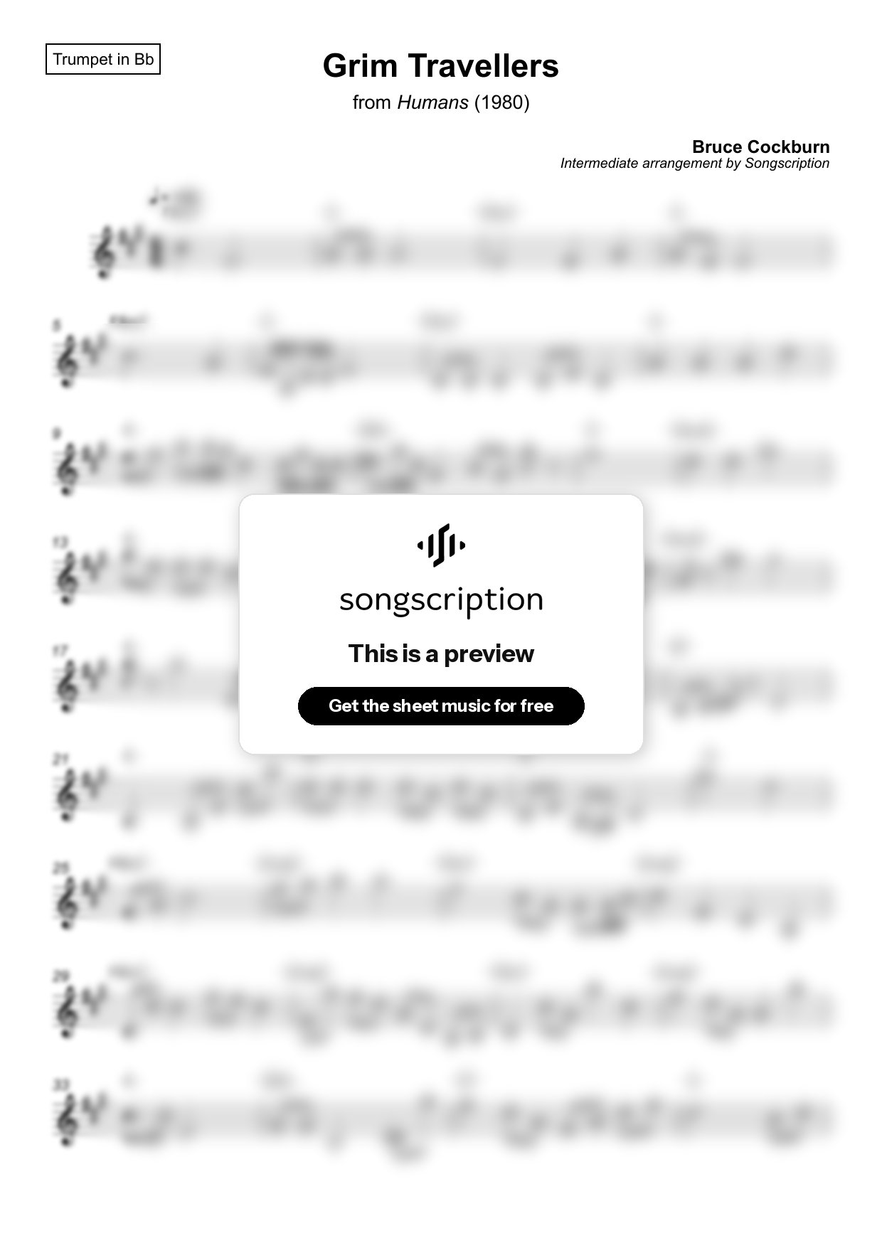 Intermediate Trumpet Sheet Music for "Grim Travellers" by Bruce Cockburn