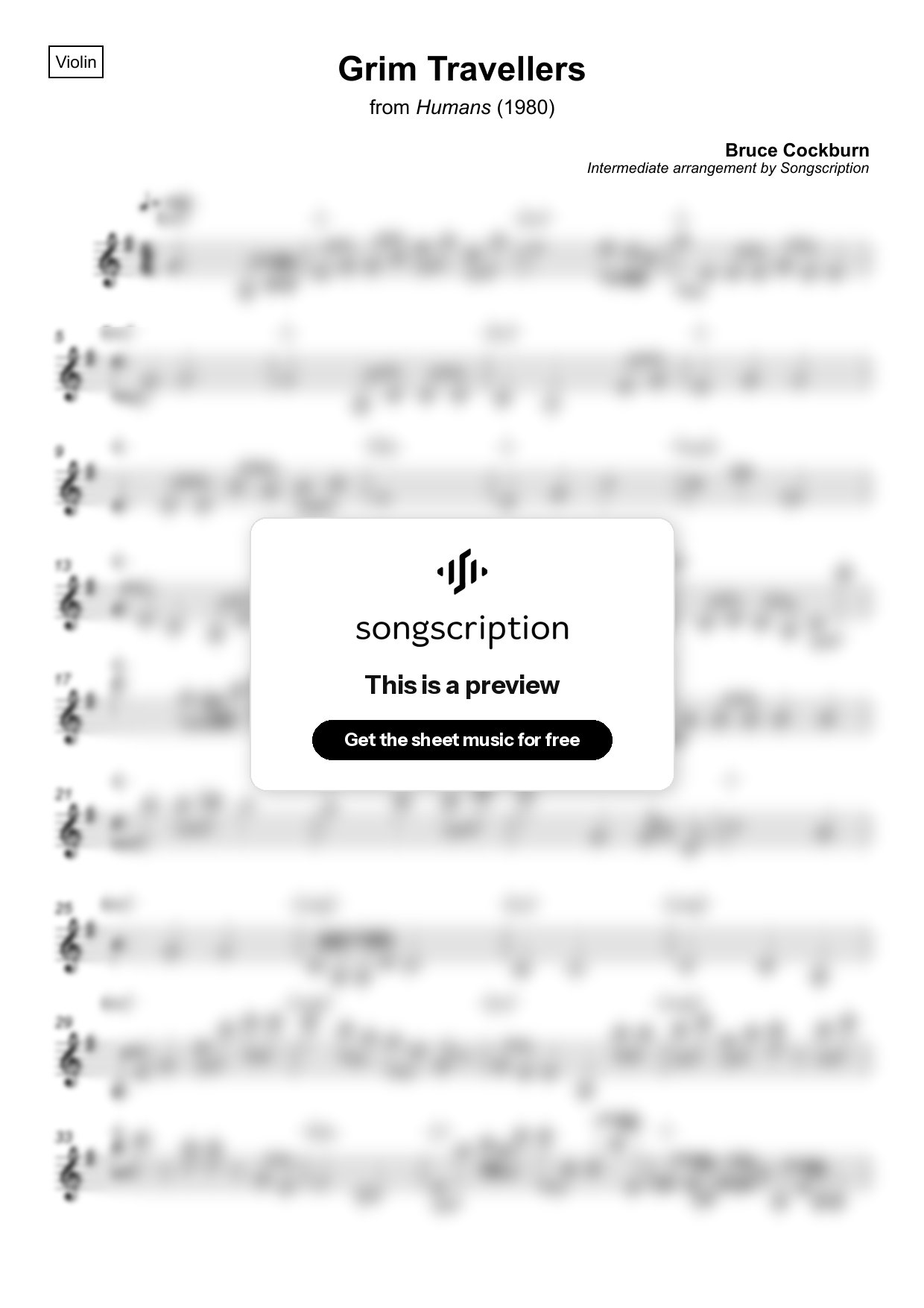 Intermediate Violin Sheet Music for "Grim Travellers" by Bruce Cockburn