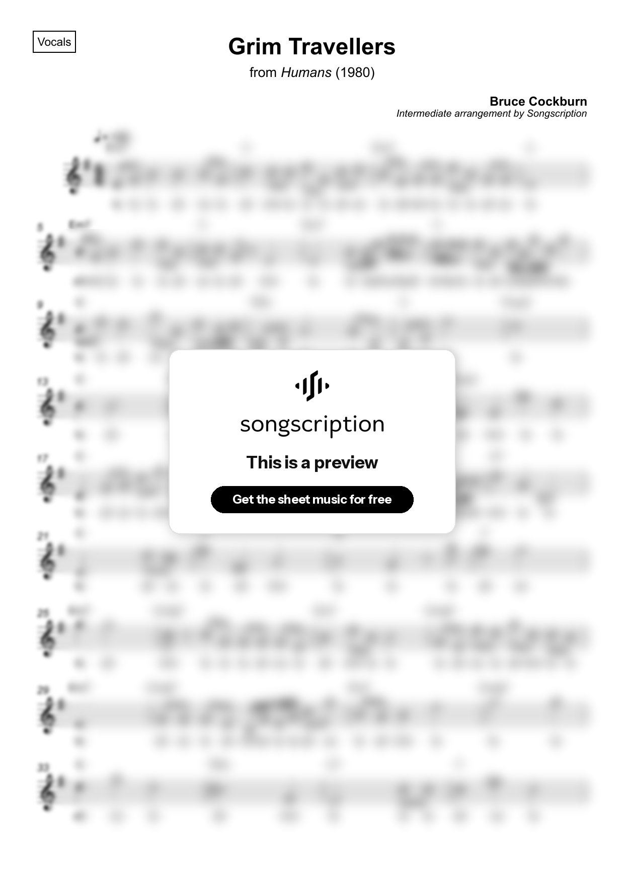 Intermediate Vocals Sheet Music for "Grim Travellers" by Bruce Cockburn
