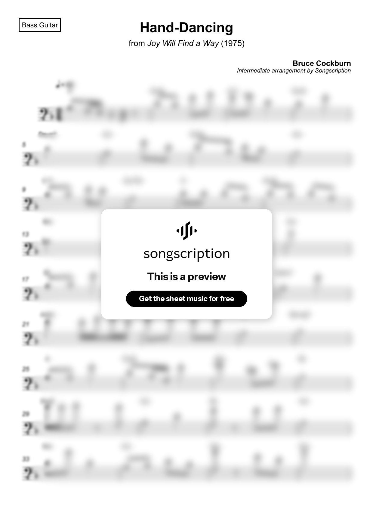 Intermediate Bass Guitar Sheet Music for "Hand-Dancing" by Bruce Cockburn