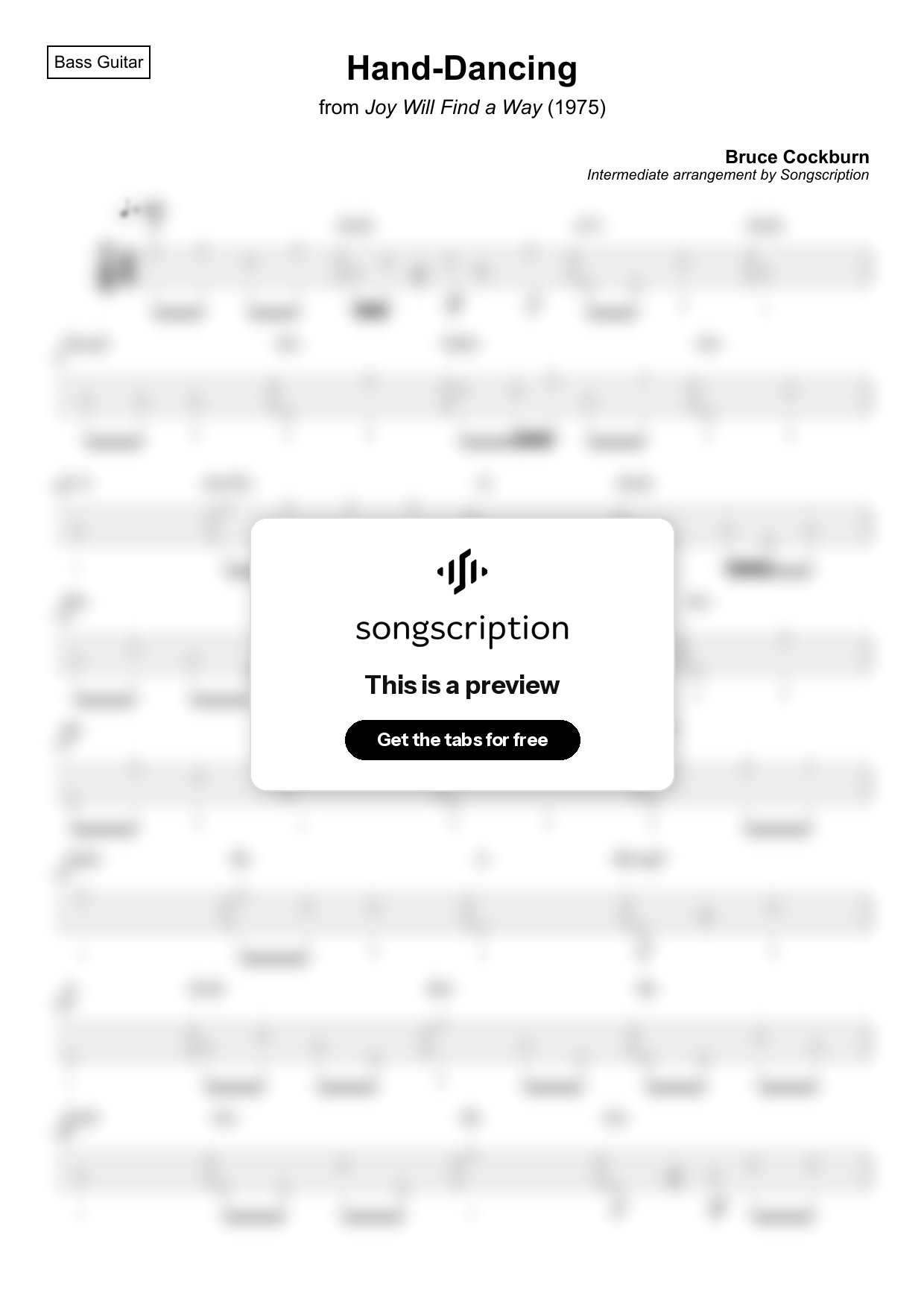 Intermediate Bass Guitar Tabs for "Hand-Dancing" by Bruce Cockburn