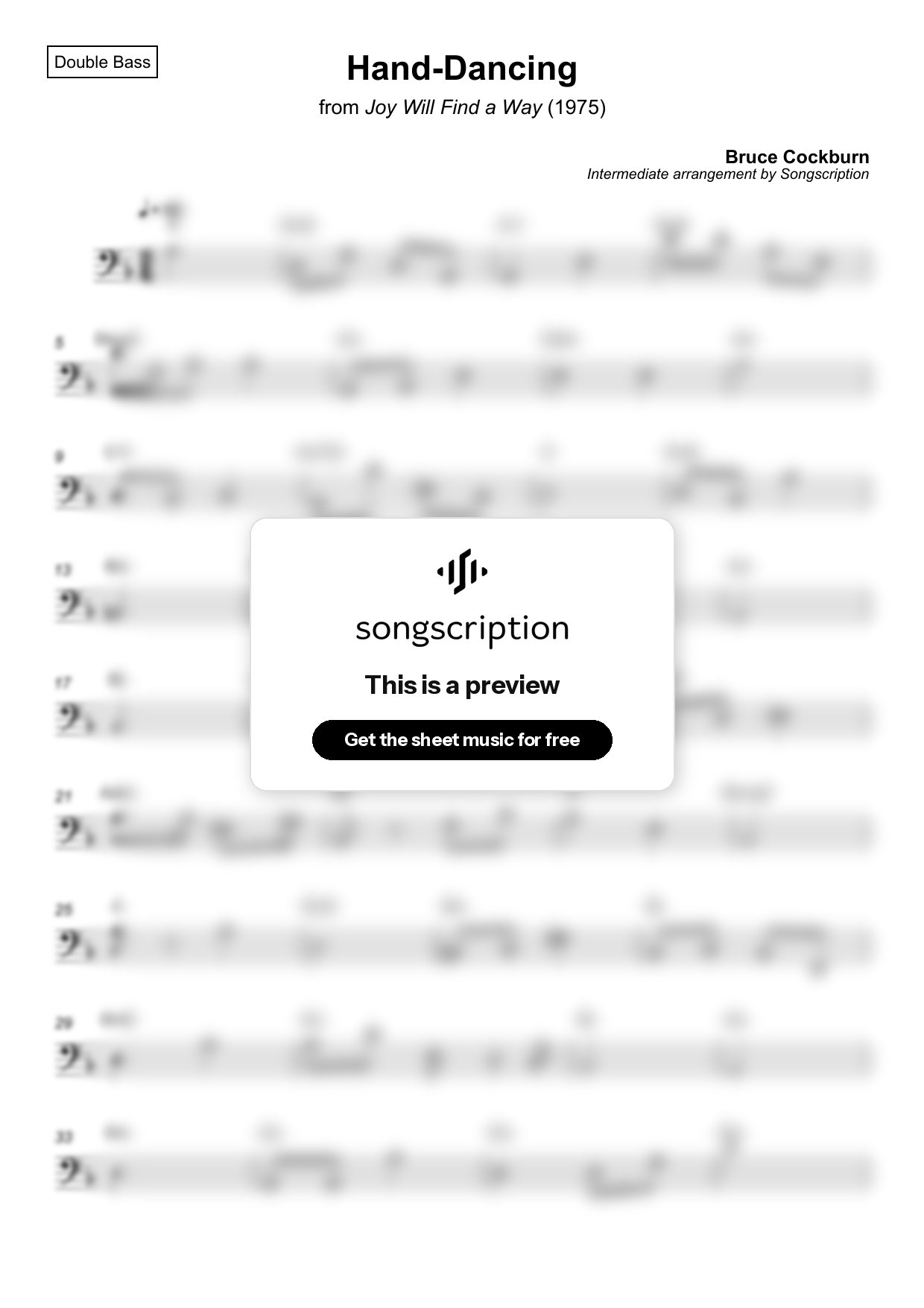 Intermediate Double Bass Sheet Music for "Hand-Dancing" by Bruce Cockburn