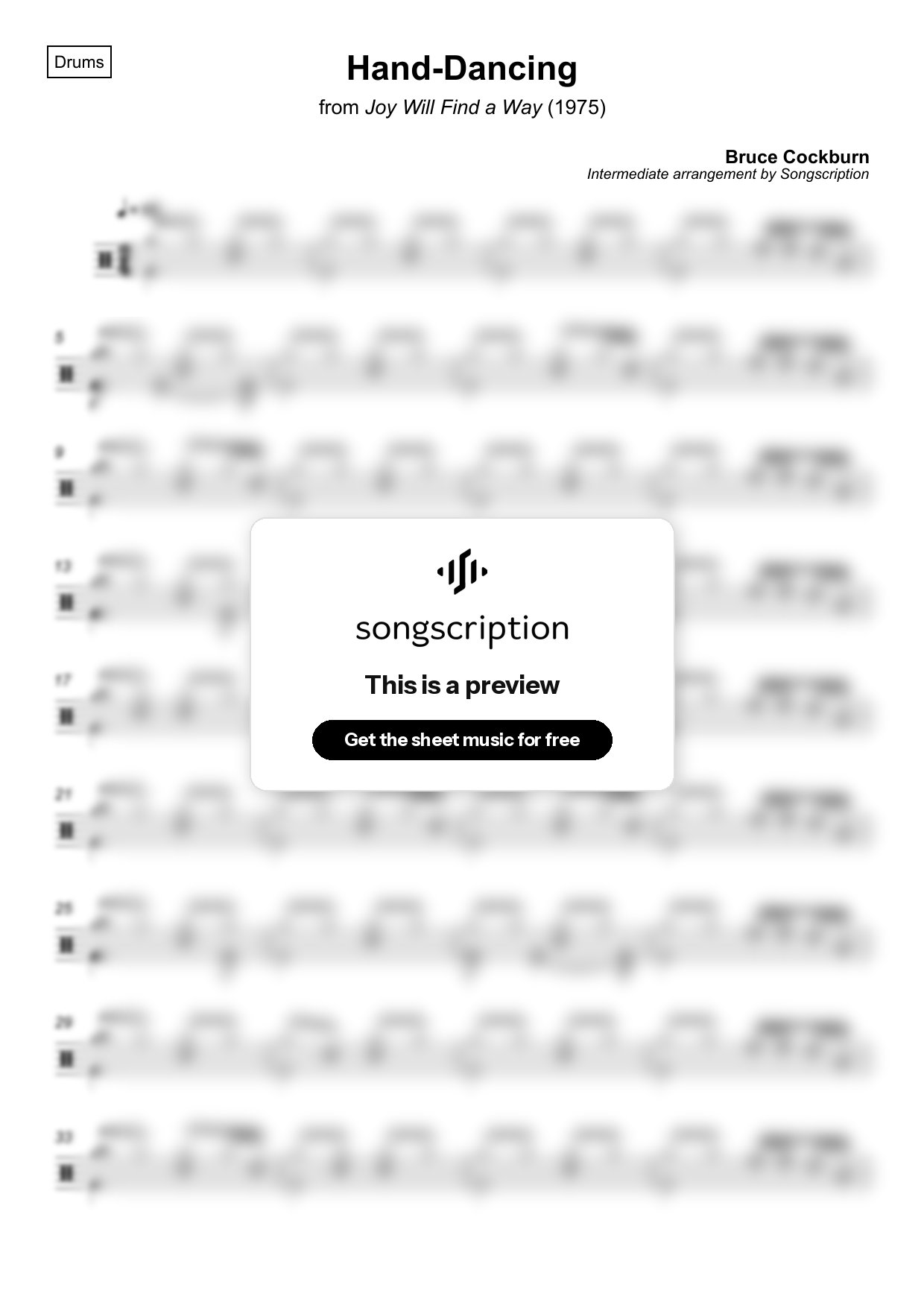 Intermediate Drums Sheet Music for "Hand-Dancing" by Bruce Cockburn