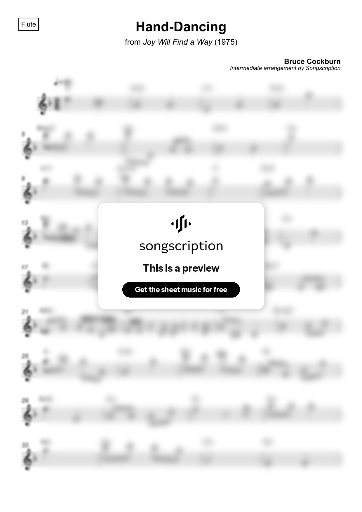 Intermediate Flute Sheet Music for "Hand-Dancing" by Bruce Cockburn