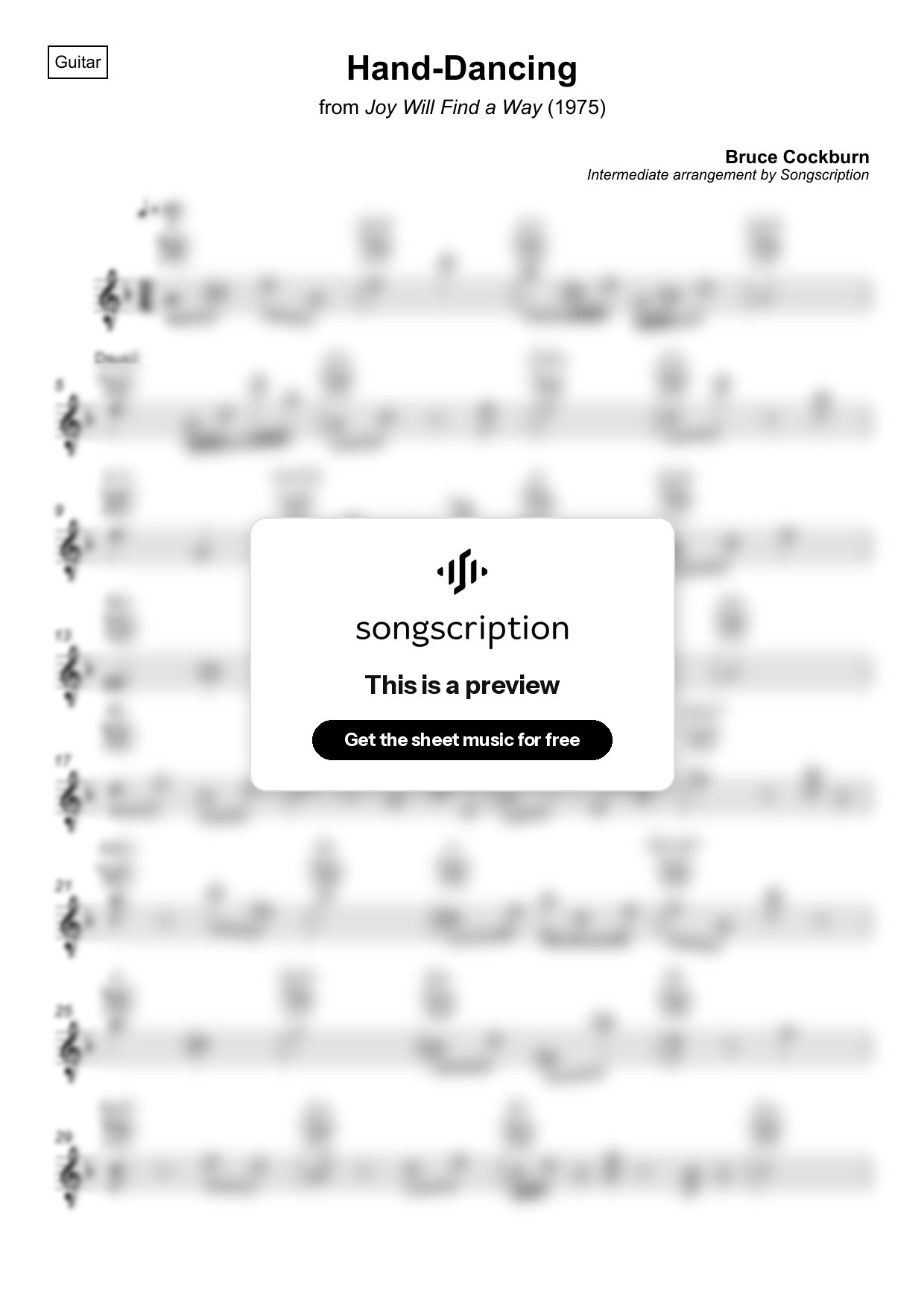 Intermediate Acoustic Guitar Sheet Music for "Hand-Dancing" by Bruce Cockburn
