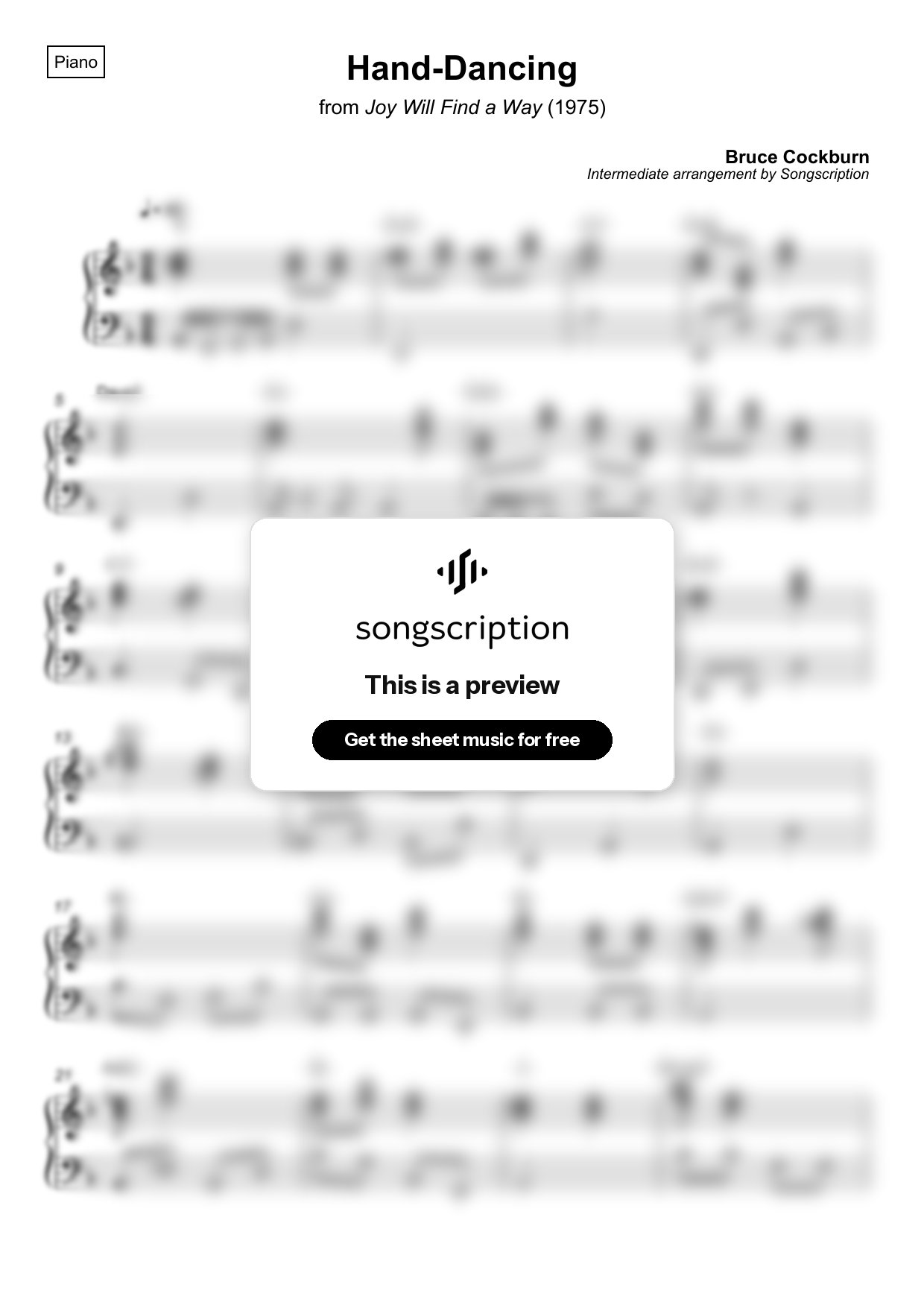 Intermediate Piano Sheet Music for "Hand-Dancing" by Bruce Cockburn