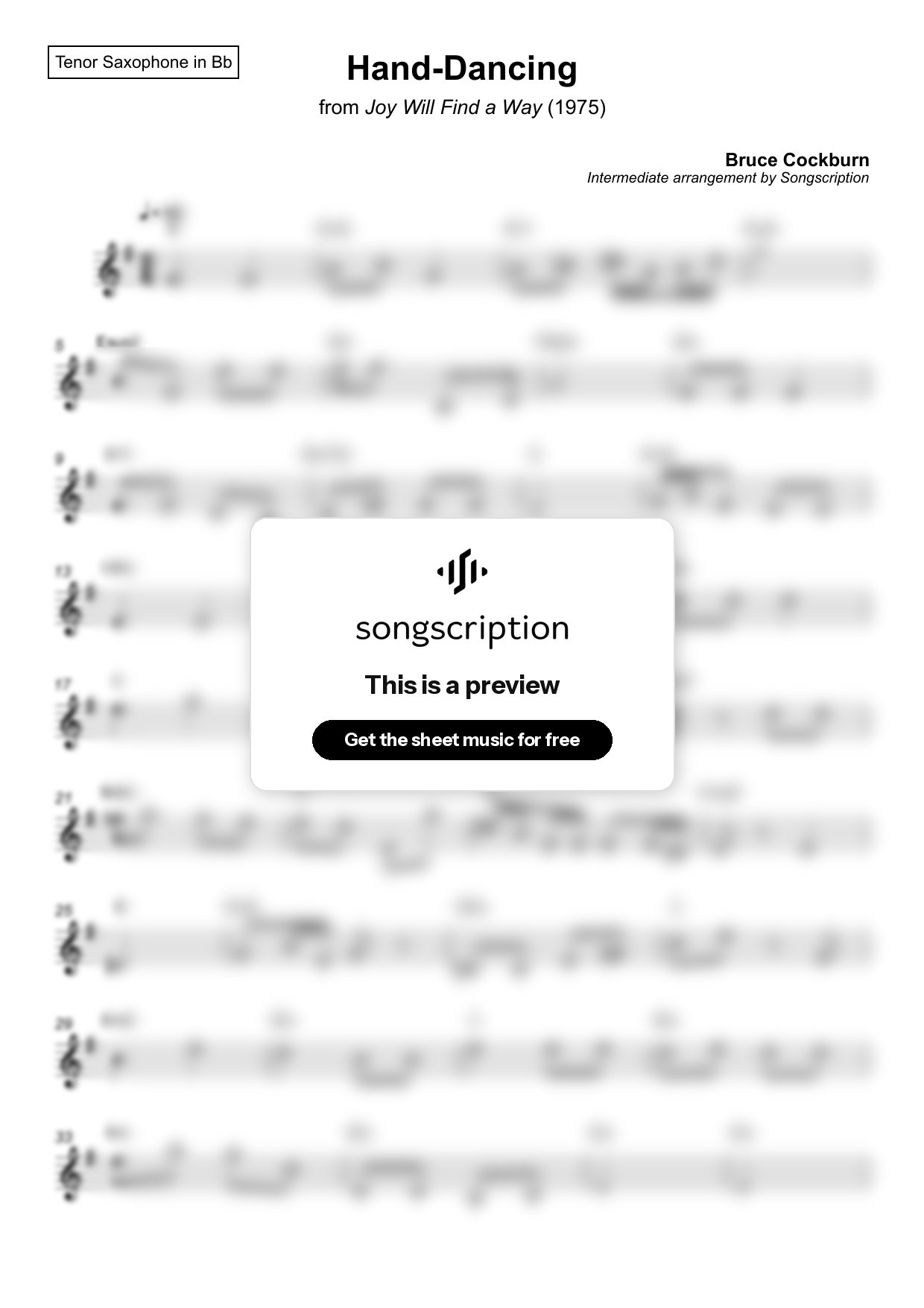 Intermediate Tenor Sax Sheet Music for "Hand-Dancing" by Bruce Cockburn