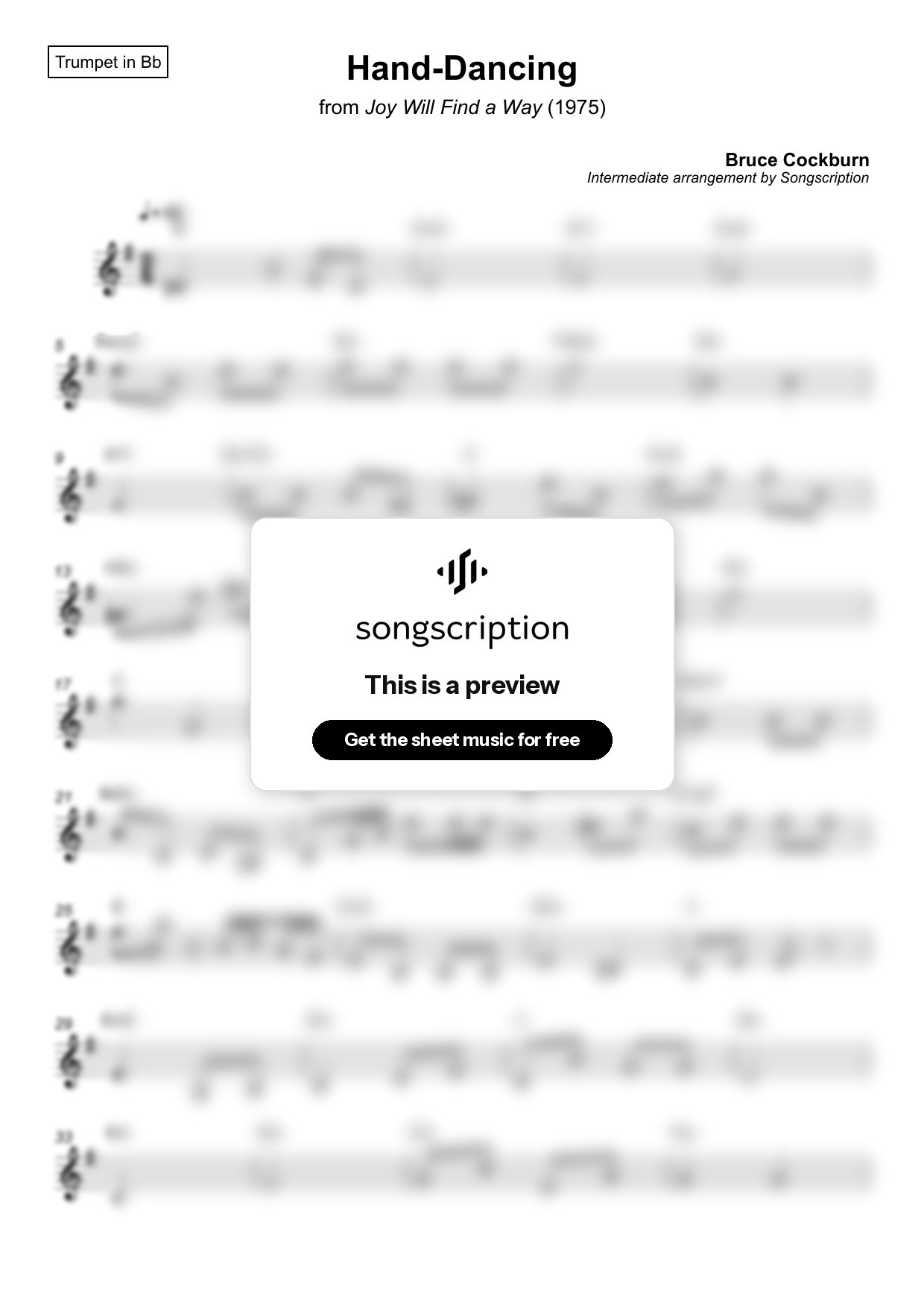 Intermediate Trumpet Sheet Music for "Hand-Dancing" by Bruce Cockburn