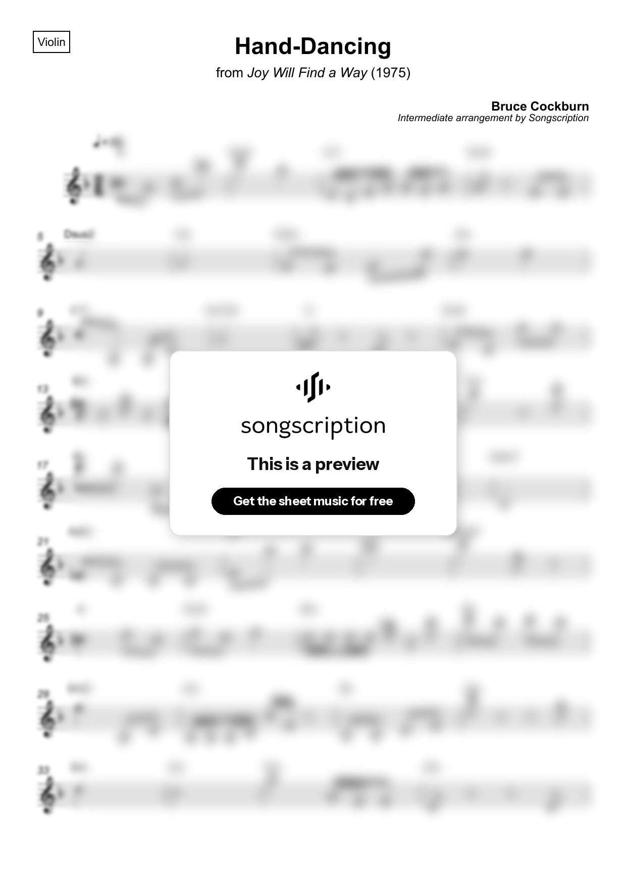 Intermediate Violin Sheet Music for "Hand-Dancing" by Bruce Cockburn