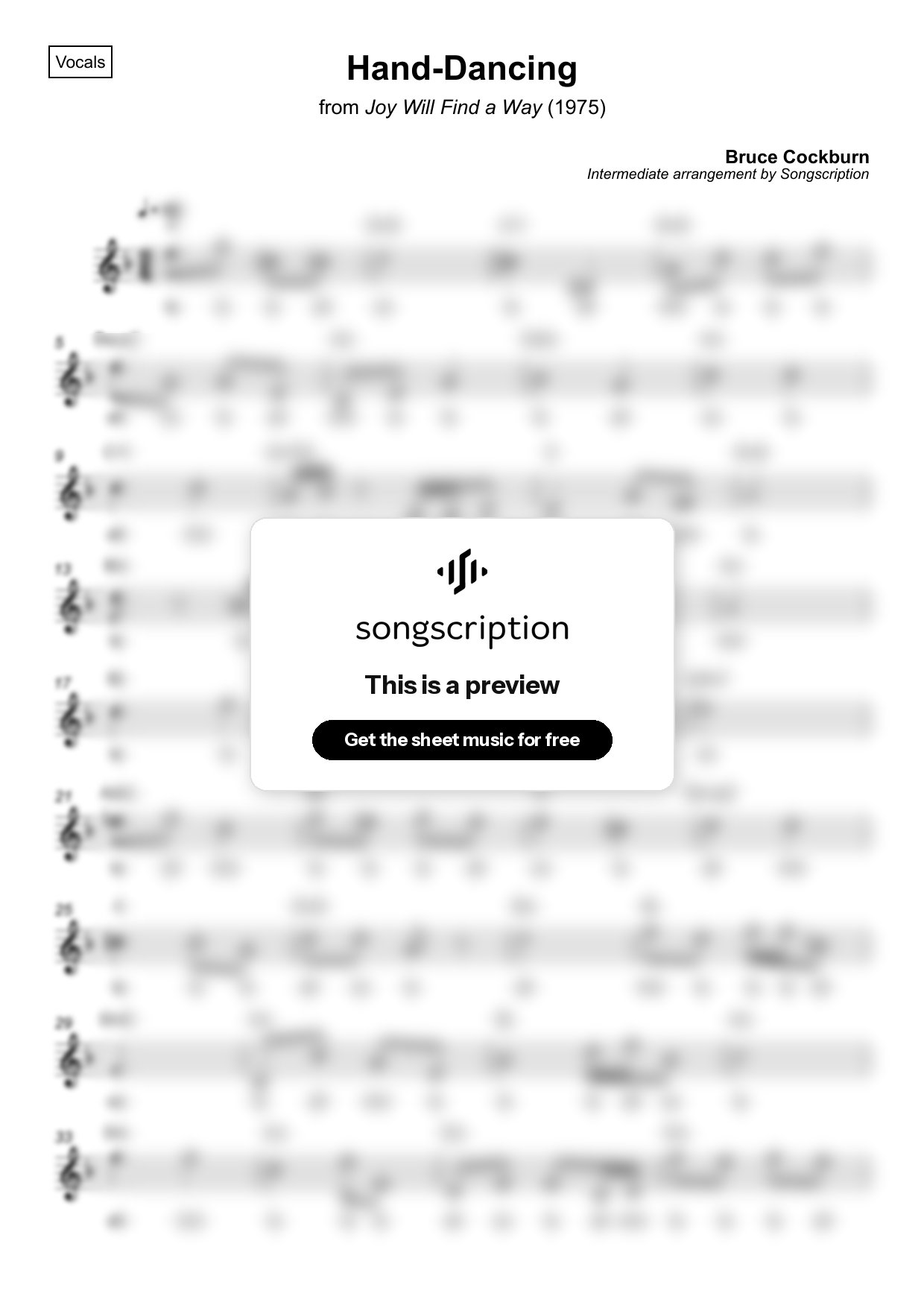 Intermediate Vocals Sheet Music for "Hand-Dancing" by Bruce Cockburn