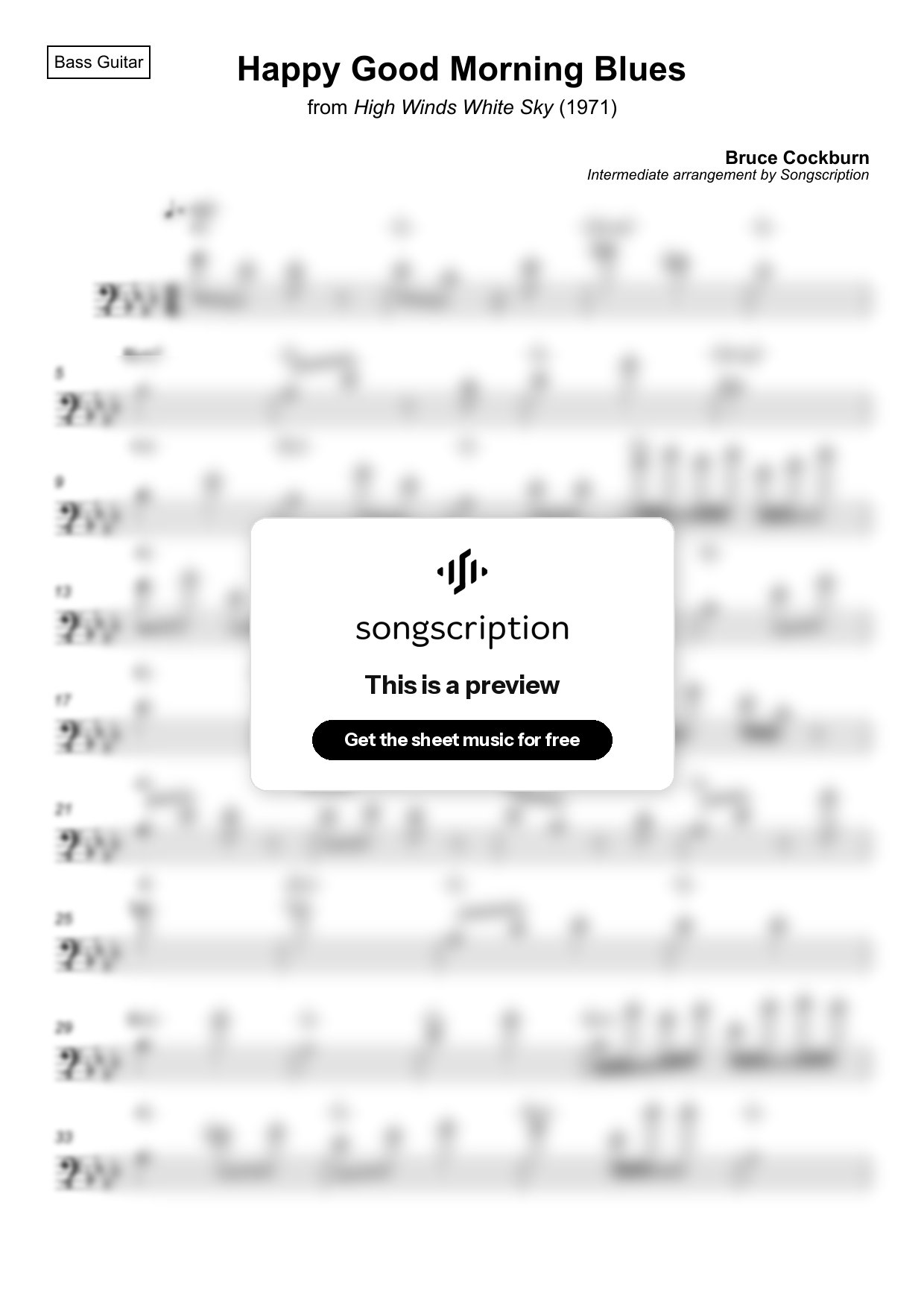 Intermediate Bass Guitar Sheet Music for "Happy Good Morning Blues" by Bruce Cockburn