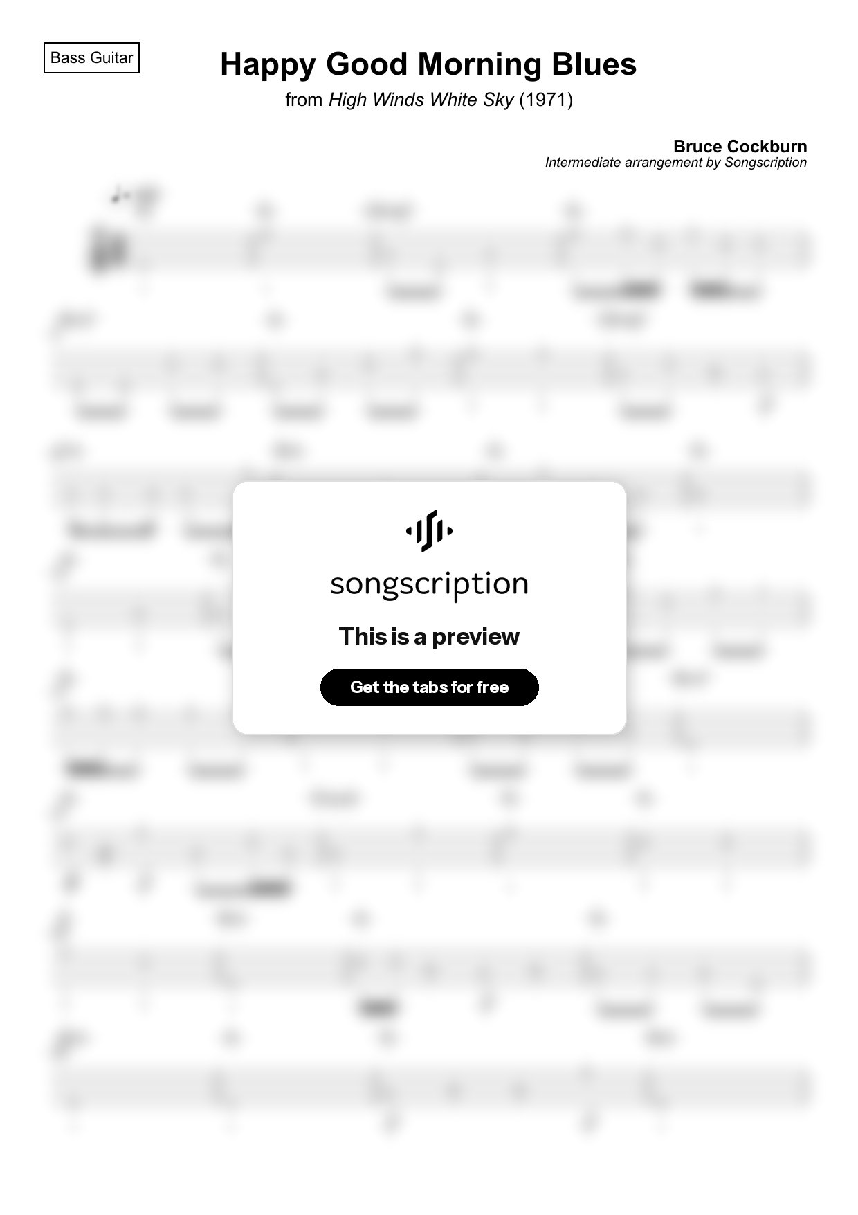 Intermediate Bass Guitar Tabs for "Happy Good Morning Blues" by Bruce Cockburn