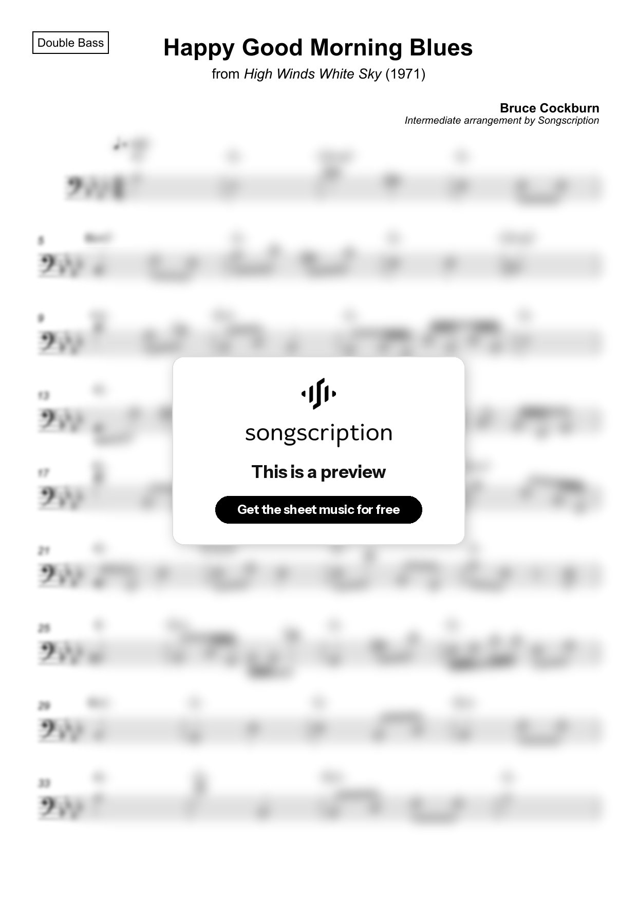 Intermediate Double Bass Sheet Music for "Happy Good Morning Blues" by Bruce Cockburn
