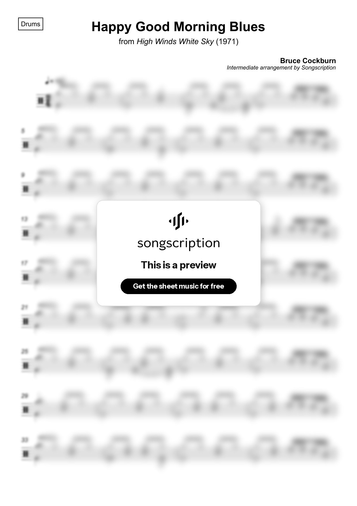 Intermediate Drums Sheet Music for "Happy Good Morning Blues" by Bruce Cockburn