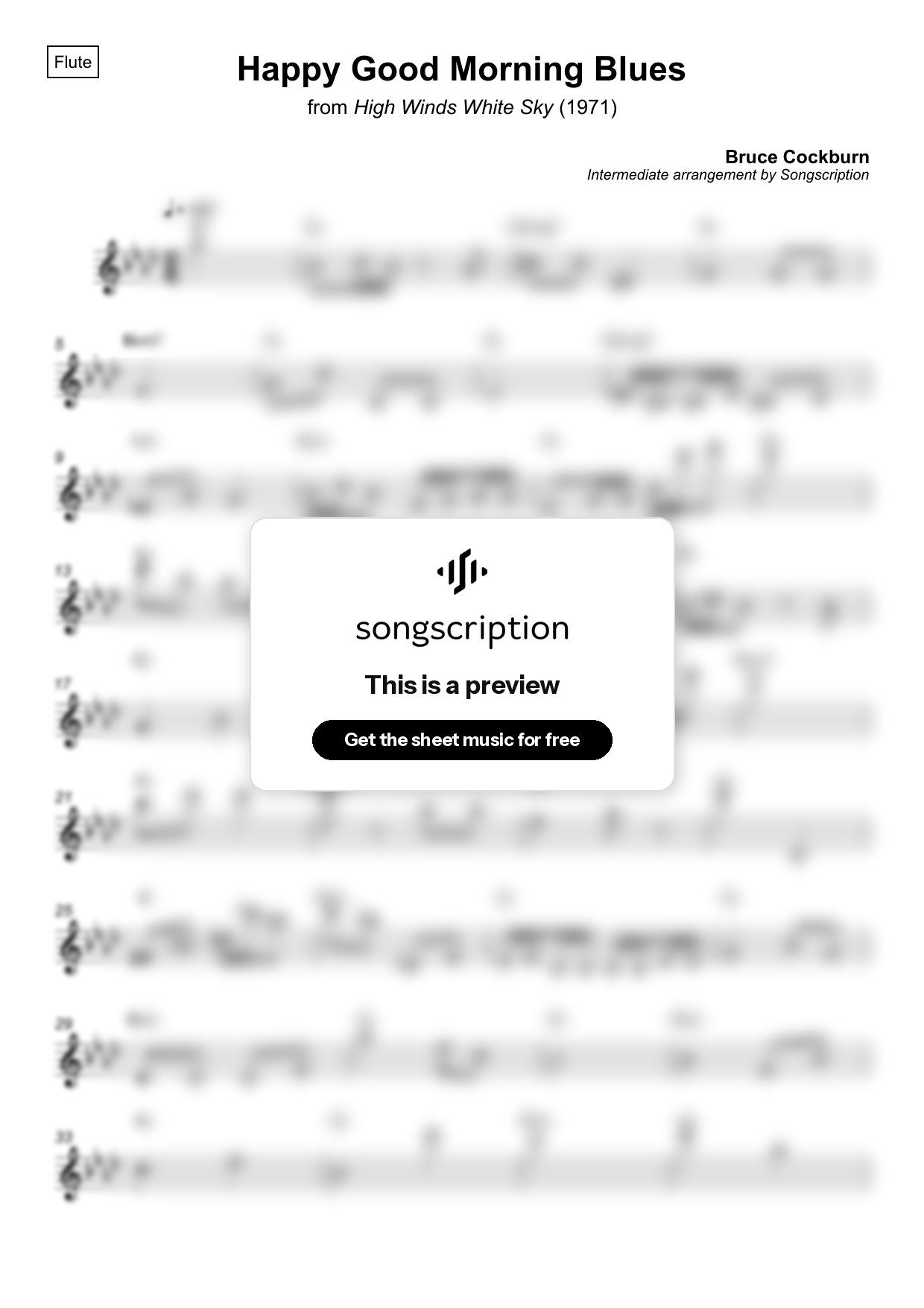 Intermediate Flute Sheet Music for "Happy Good Morning Blues" by Bruce Cockburn