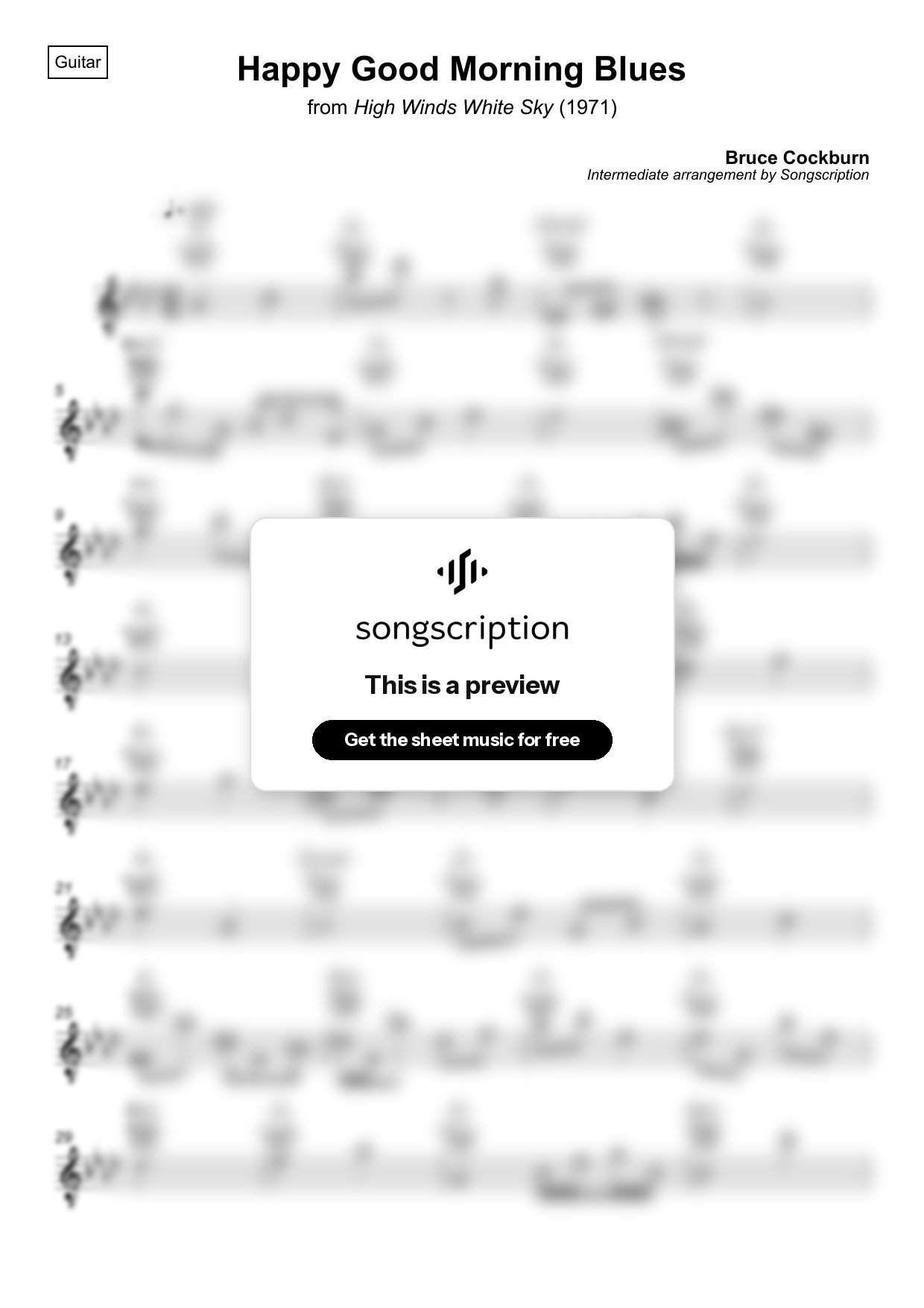 Intermediate Acoustic Guitar Sheet Music for "Happy Good Morning Blues" by Bruce Cockburn