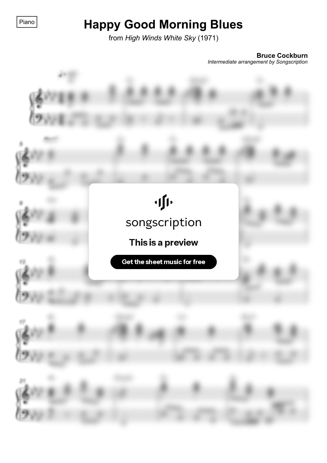 Intermediate Piano Sheet Music for "Happy Good Morning Blues" by Bruce Cockburn