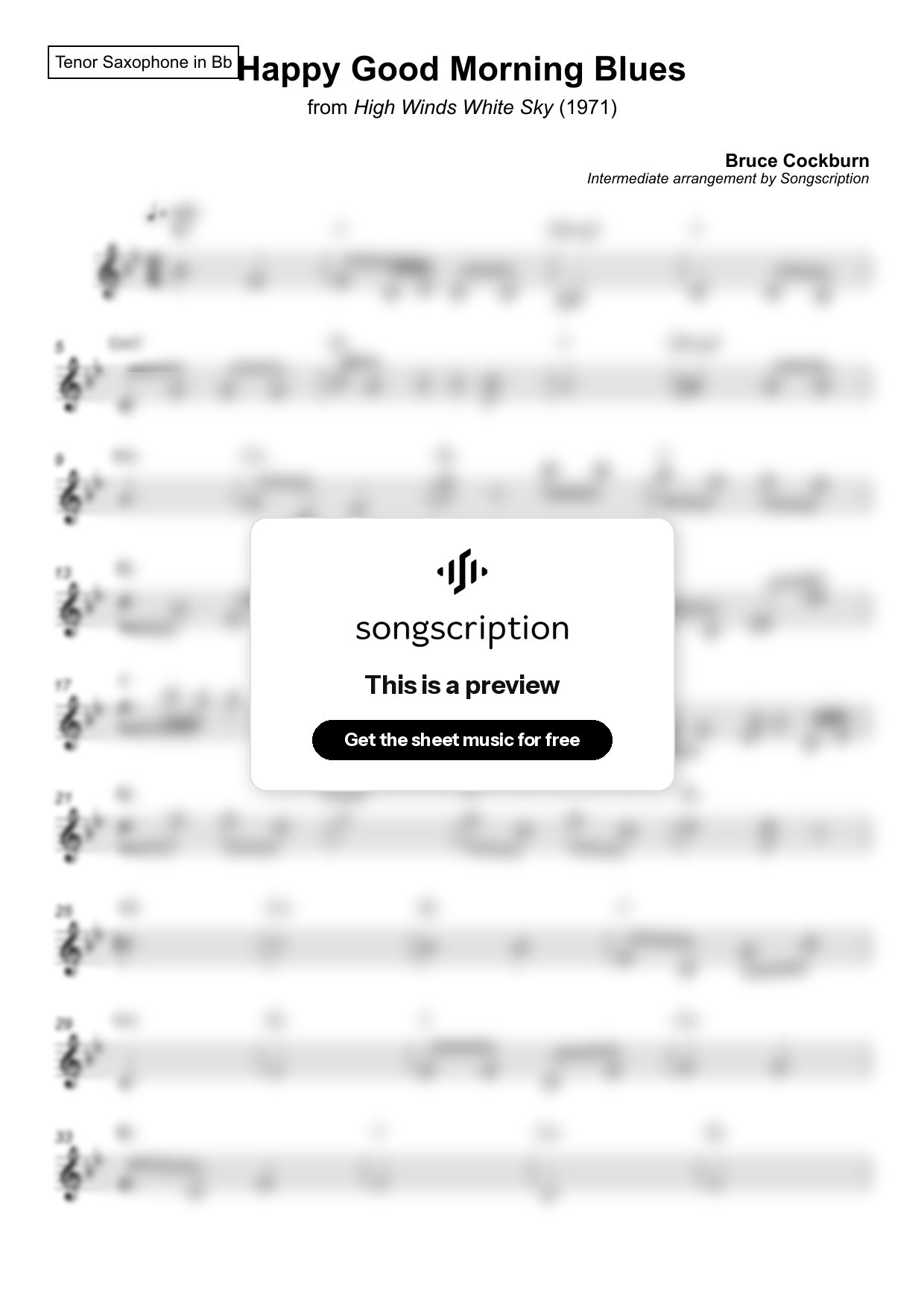 Intermediate Tenor Sax Sheet Music for "Happy Good Morning Blues" by Bruce Cockburn
