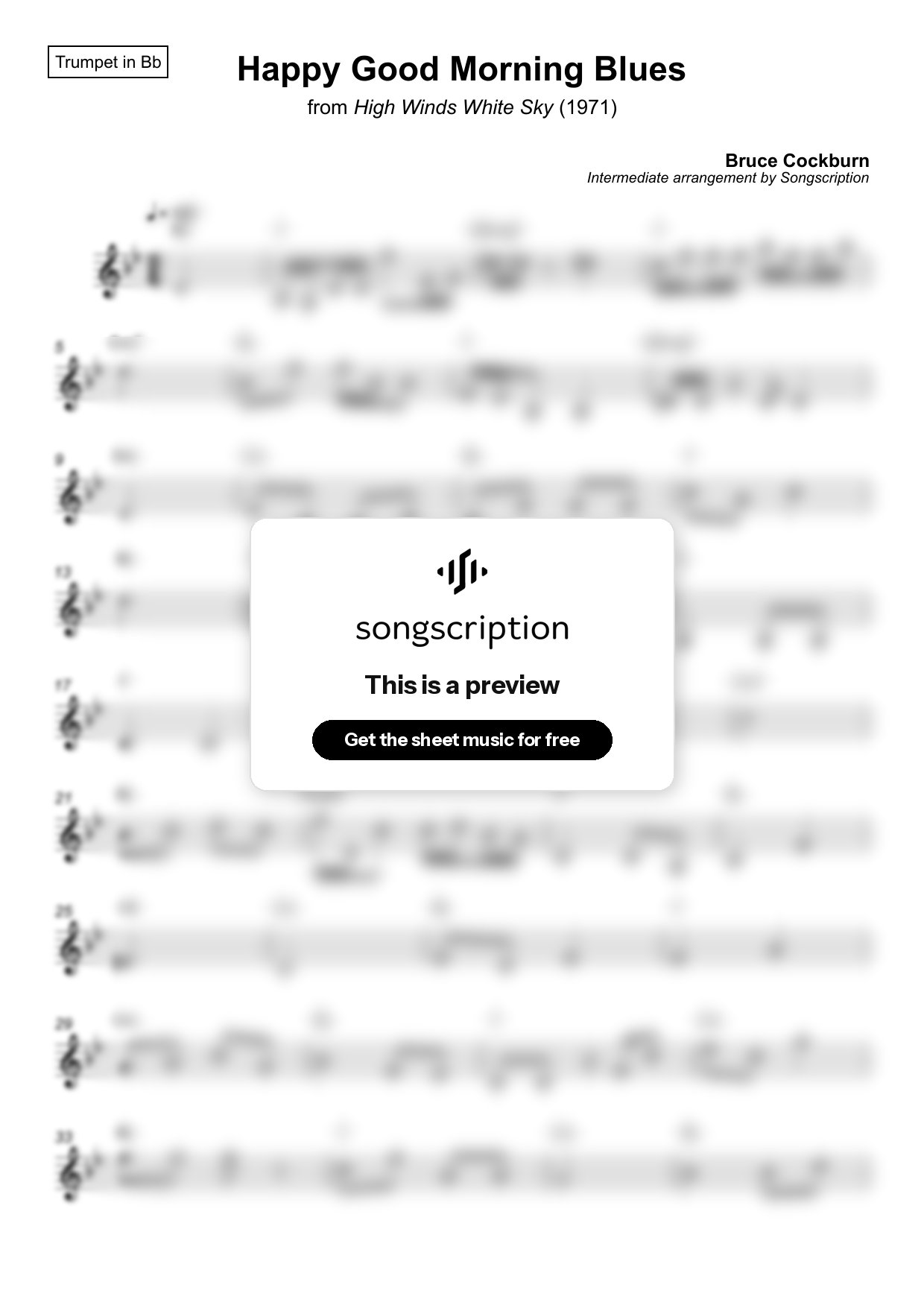 Intermediate Trumpet Sheet Music for "Happy Good Morning Blues" by Bruce Cockburn