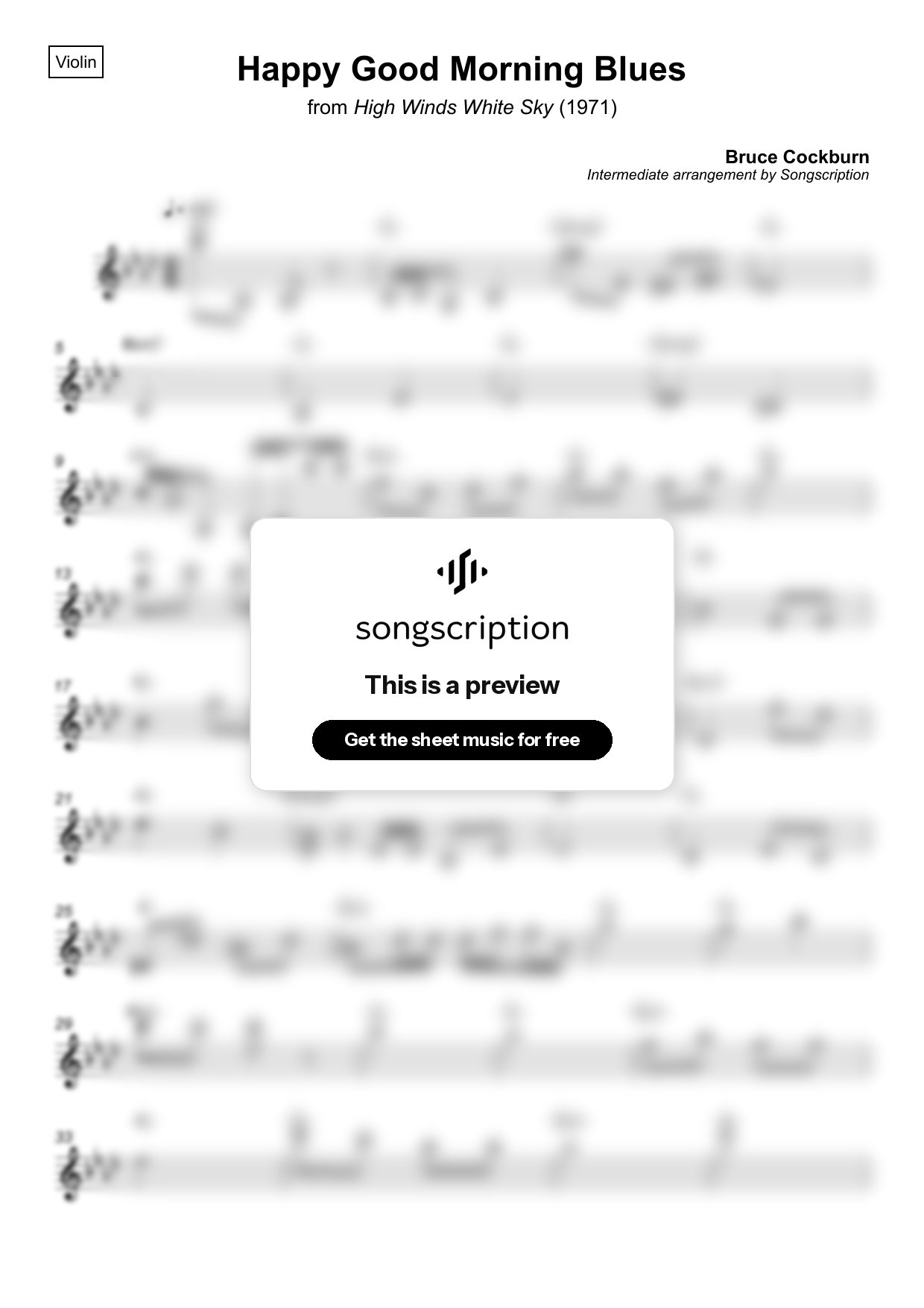 Intermediate Violin Sheet Music for "Happy Good Morning Blues" by Bruce Cockburn