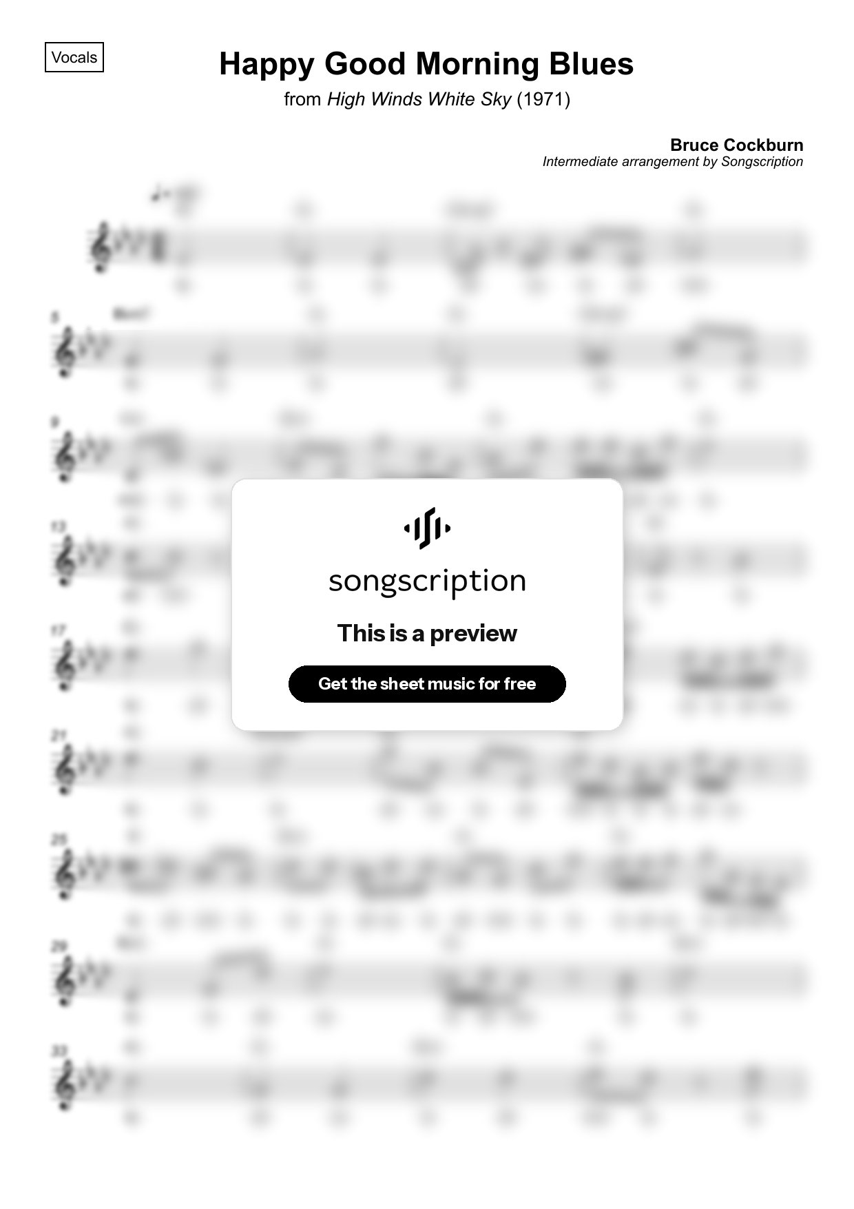 Intermediate Vocals Sheet Music for "Happy Good Morning Blues" by Bruce Cockburn