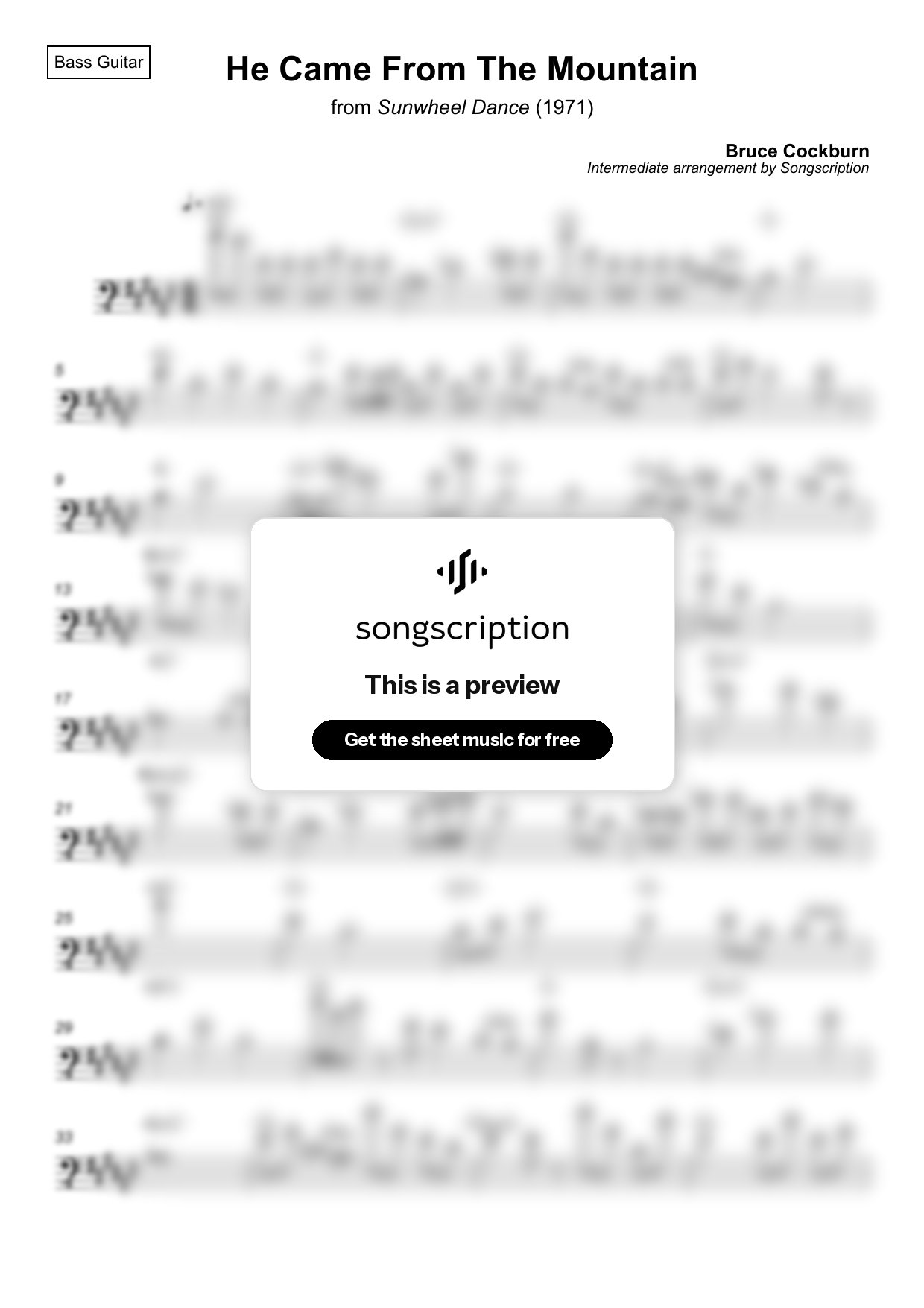 Intermediate Bass Guitar Sheet Music for "He Came From The Mountain" by Bruce Cockburn