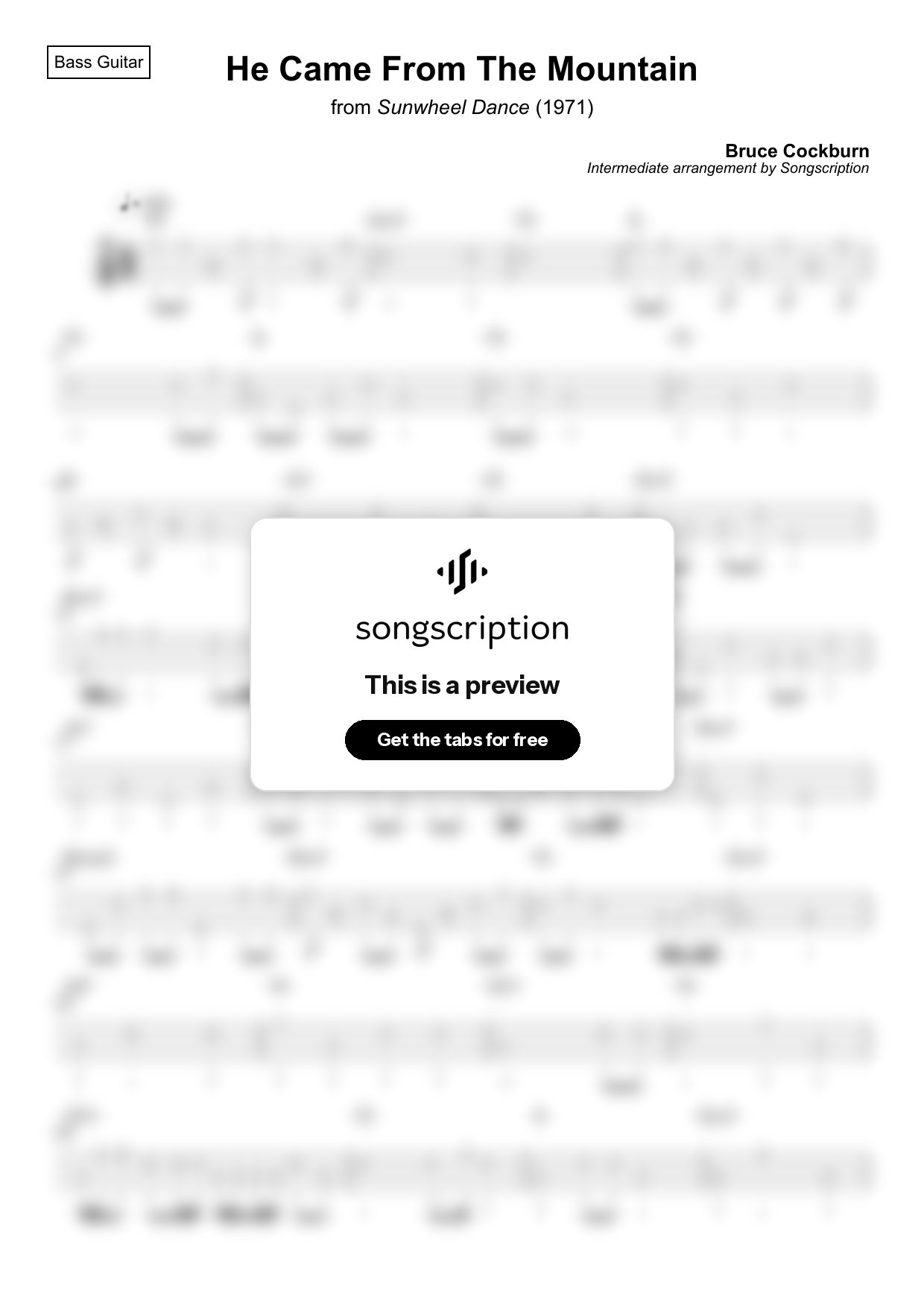 Intermediate Bass Guitar Tabs for "He Came From The Mountain" by Bruce Cockburn