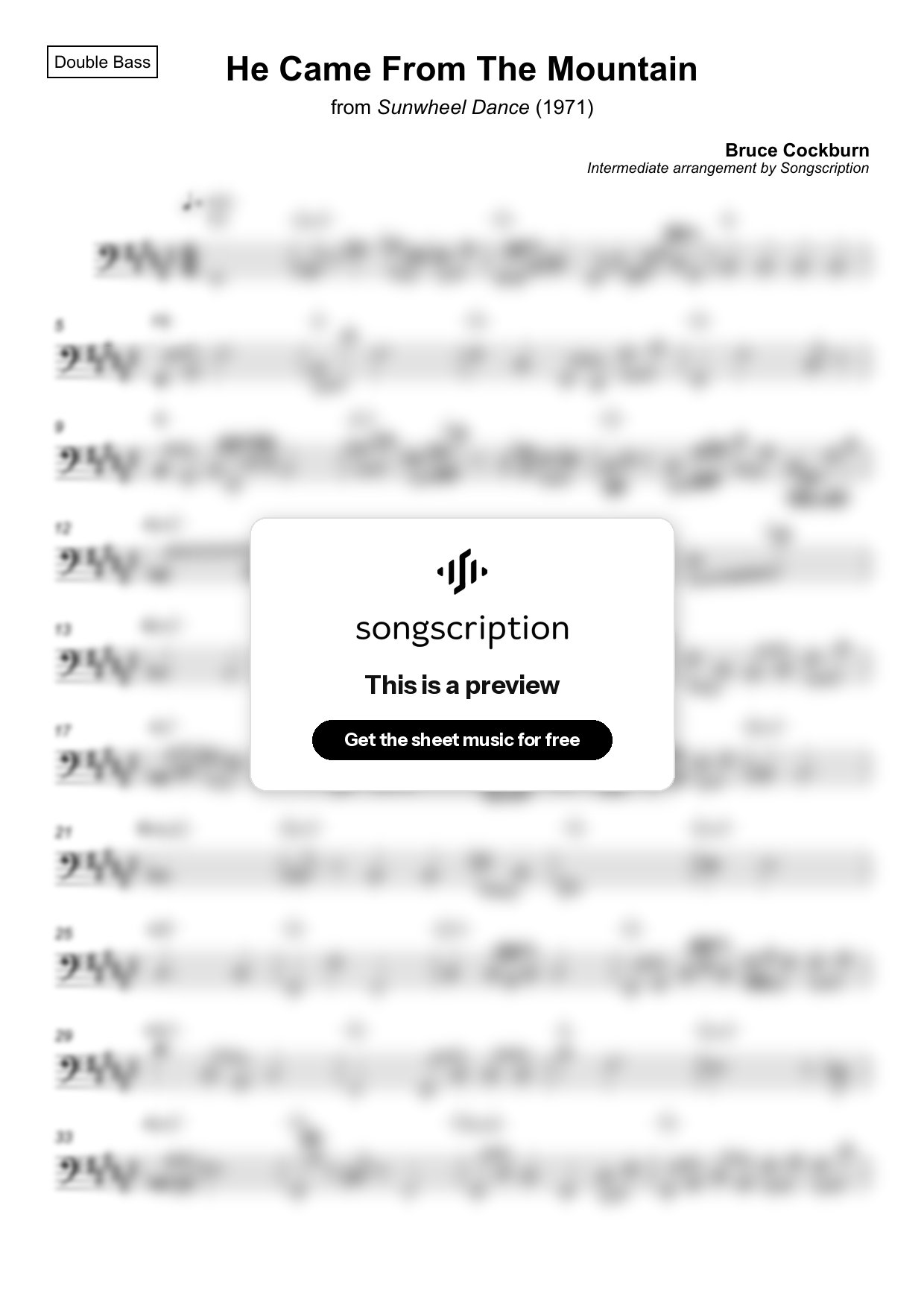 Intermediate Double Bass Sheet Music for "He Came From The Mountain" by Bruce Cockburn