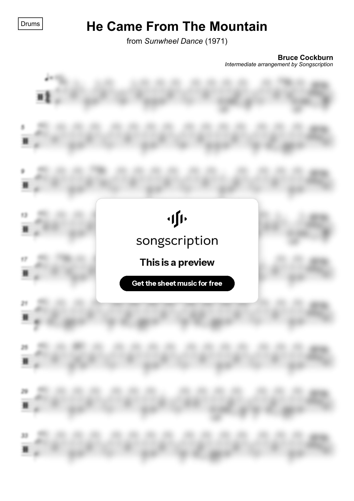 Intermediate Drums Sheet Music for "He Came From The Mountain" by Bruce Cockburn