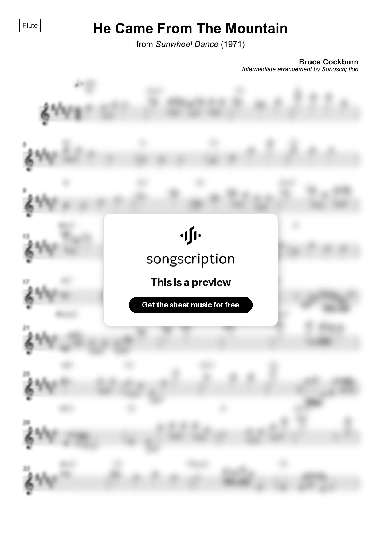 Intermediate Flute Sheet Music for "He Came From The Mountain" by Bruce Cockburn