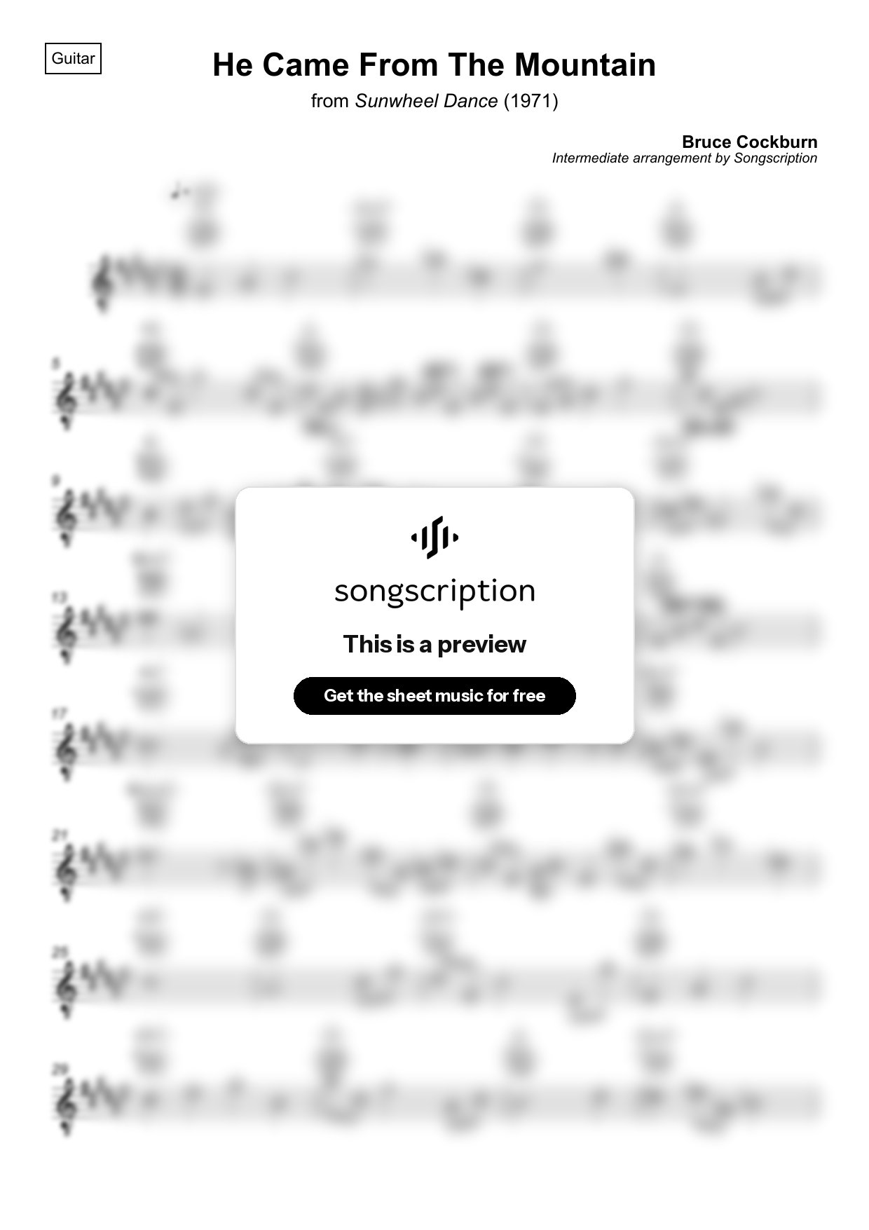 Intermediate Acoustic Guitar Sheet Music for "He Came From The Mountain" by Bruce Cockburn