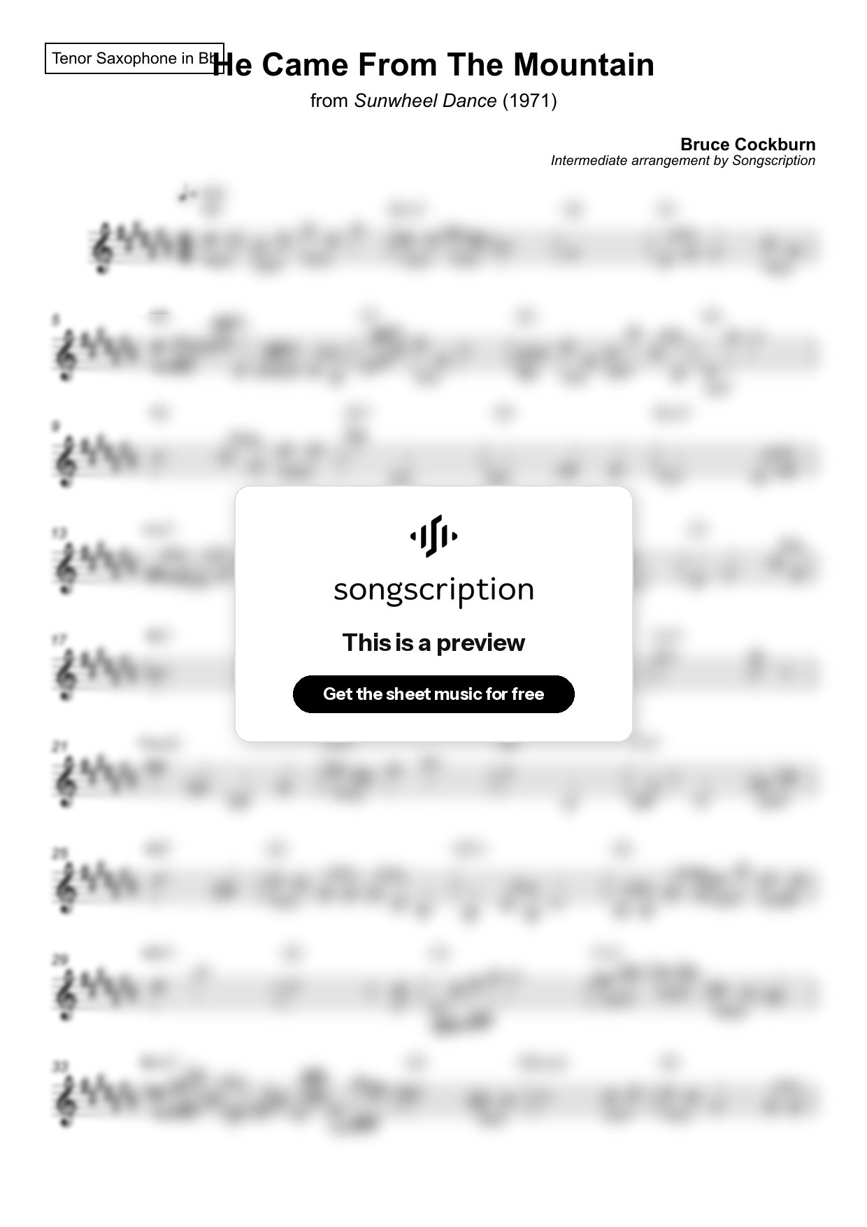 Intermediate Tenor Sax Sheet Music for "He Came From The Mountain" by Bruce Cockburn