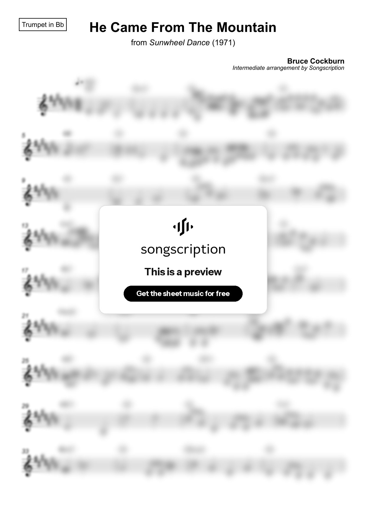 Intermediate Trumpet Sheet Music for "He Came From The Mountain" by Bruce Cockburn