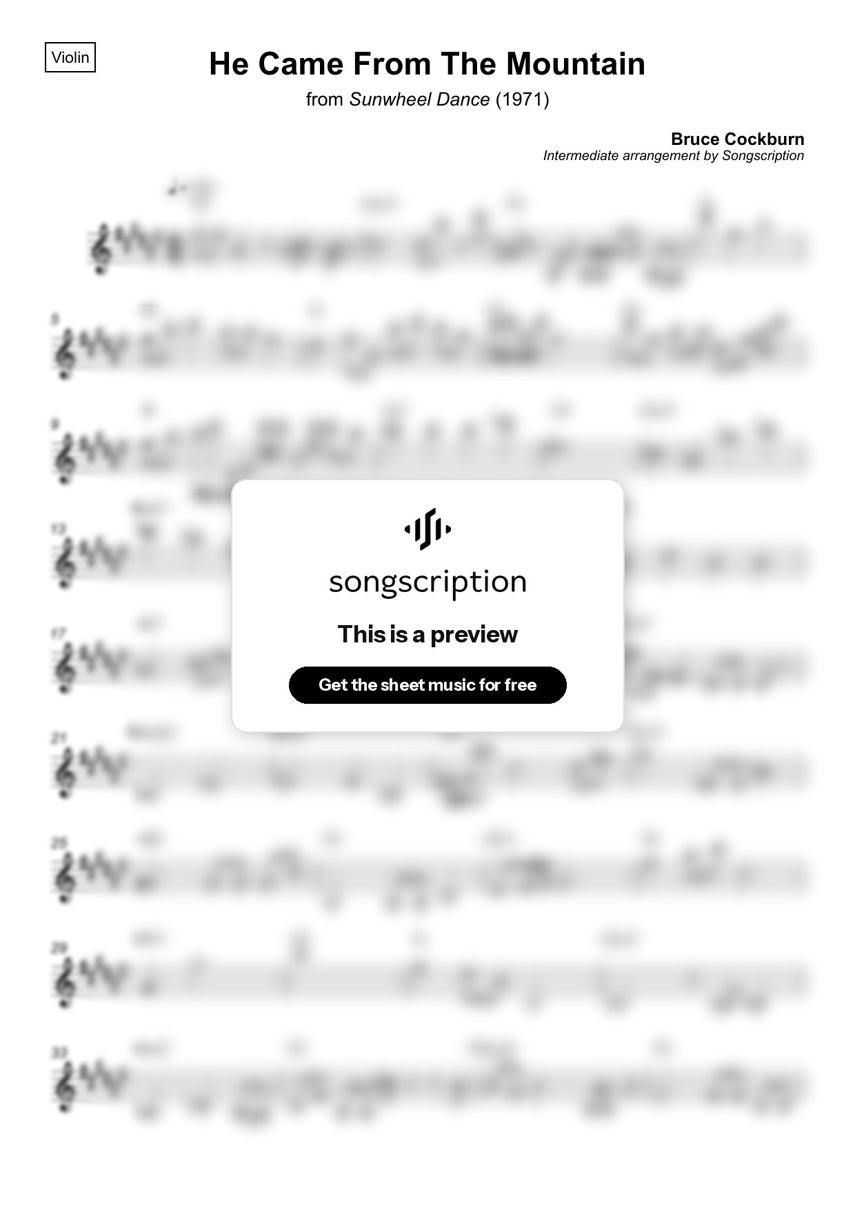 Intermediate Violin Sheet Music for "He Came From The Mountain" by Bruce Cockburn
