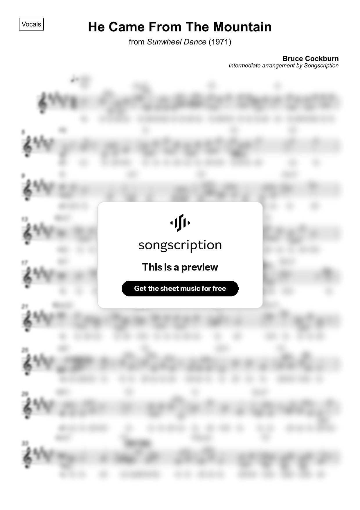 Intermediate Vocals Sheet Music for "He Came From The Mountain" by Bruce Cockburn