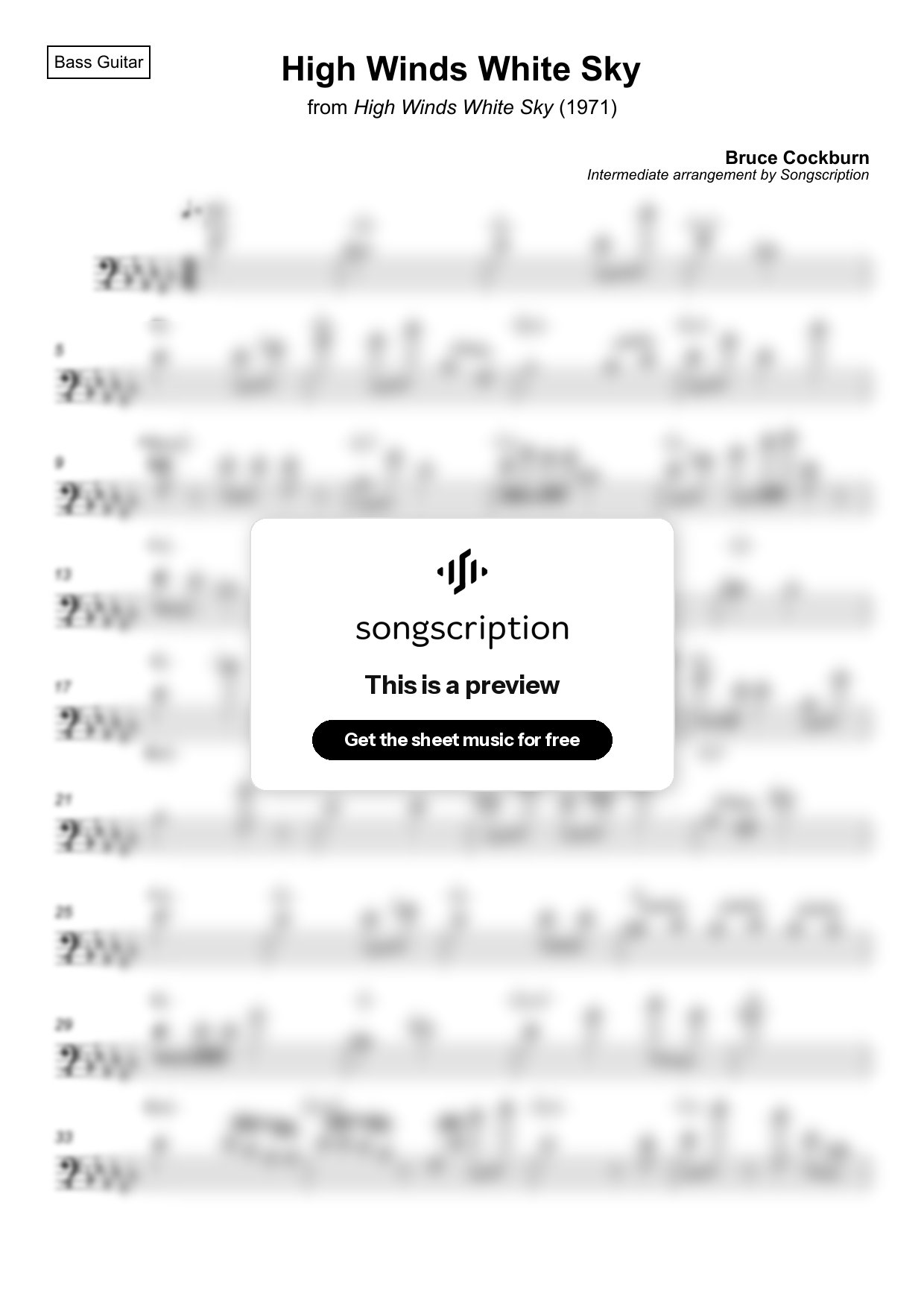 Intermediate Bass Guitar Sheet Music for "High Winds White Sky" by Bruce Cockburn