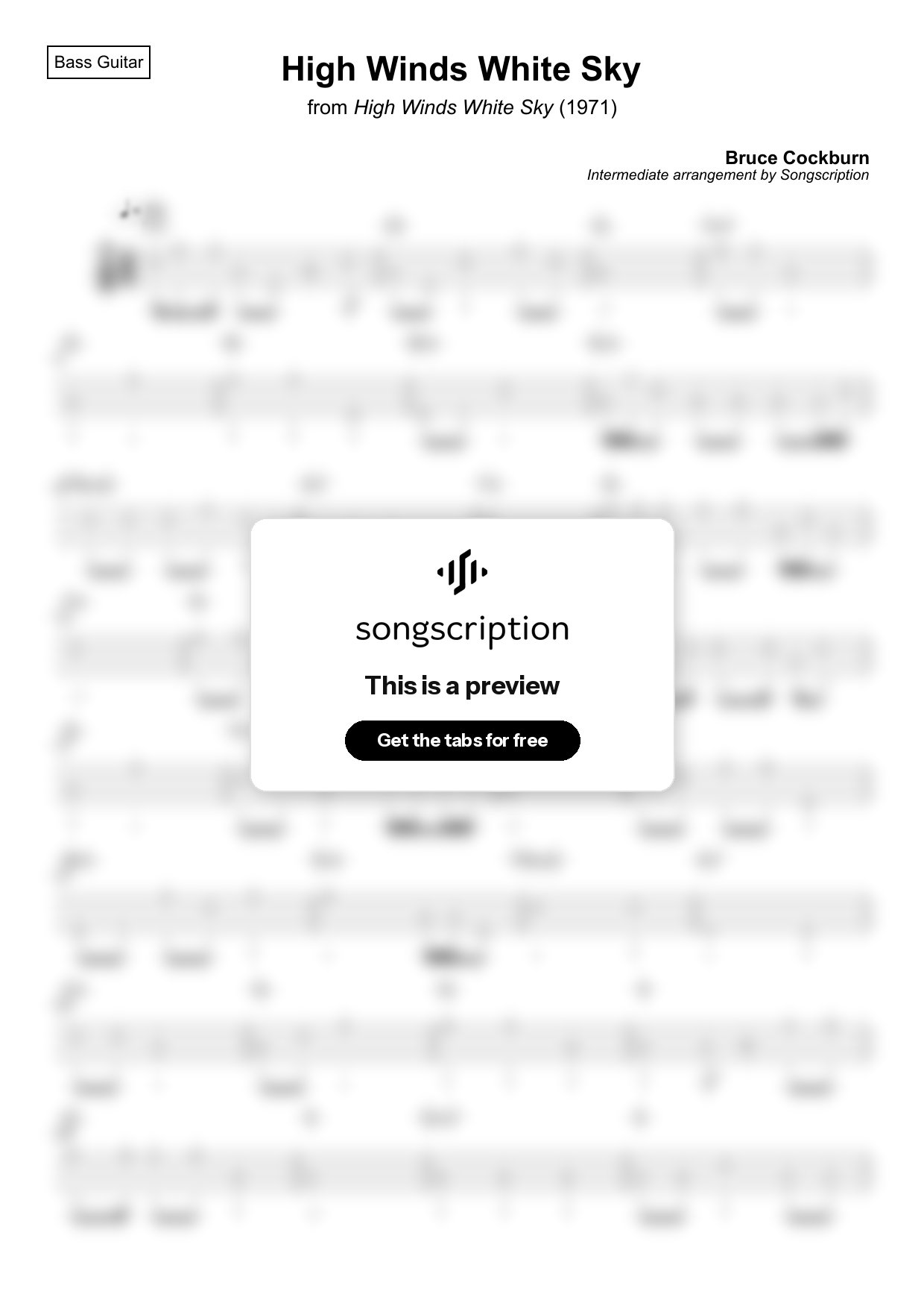 Intermediate Bass Guitar Tabs for "High Winds White Sky" by Bruce Cockburn