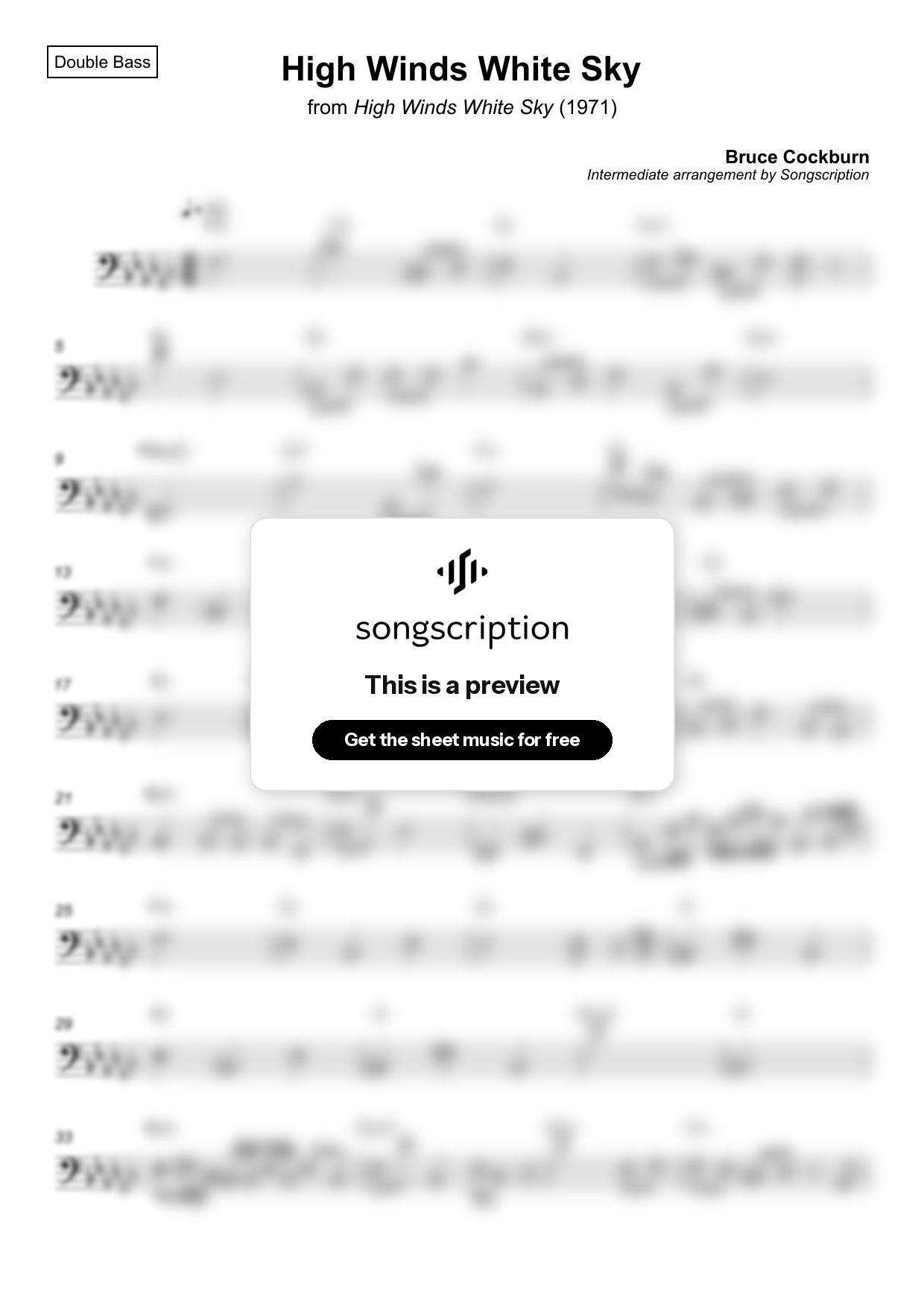 Intermediate Double Bass Sheet Music for "High Winds White Sky" by Bruce Cockburn