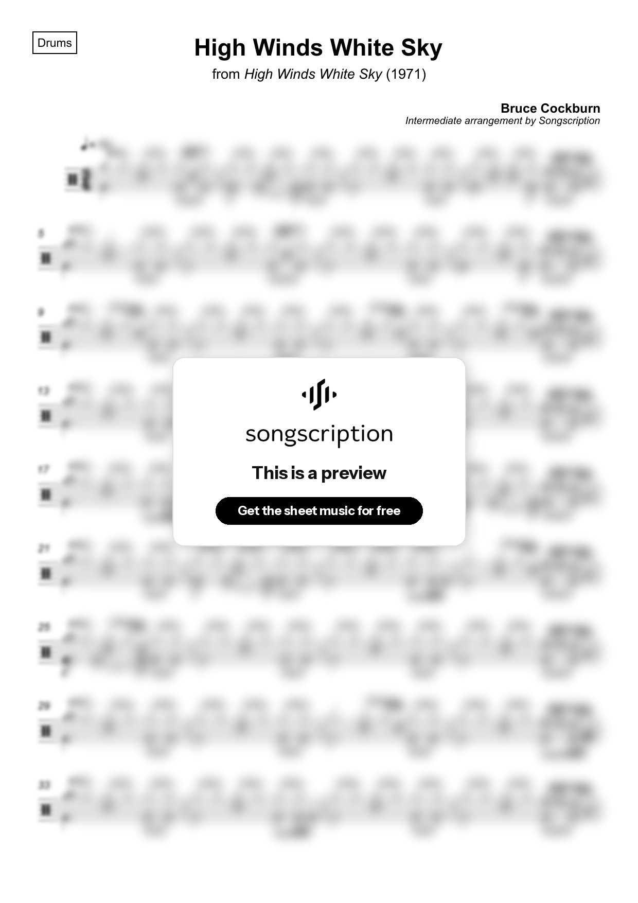 Intermediate Drums Sheet Music for "High Winds White Sky" by Bruce Cockburn
