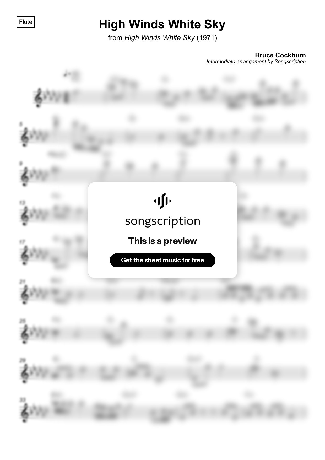 Intermediate Flute Sheet Music for "High Winds White Sky" by Bruce Cockburn