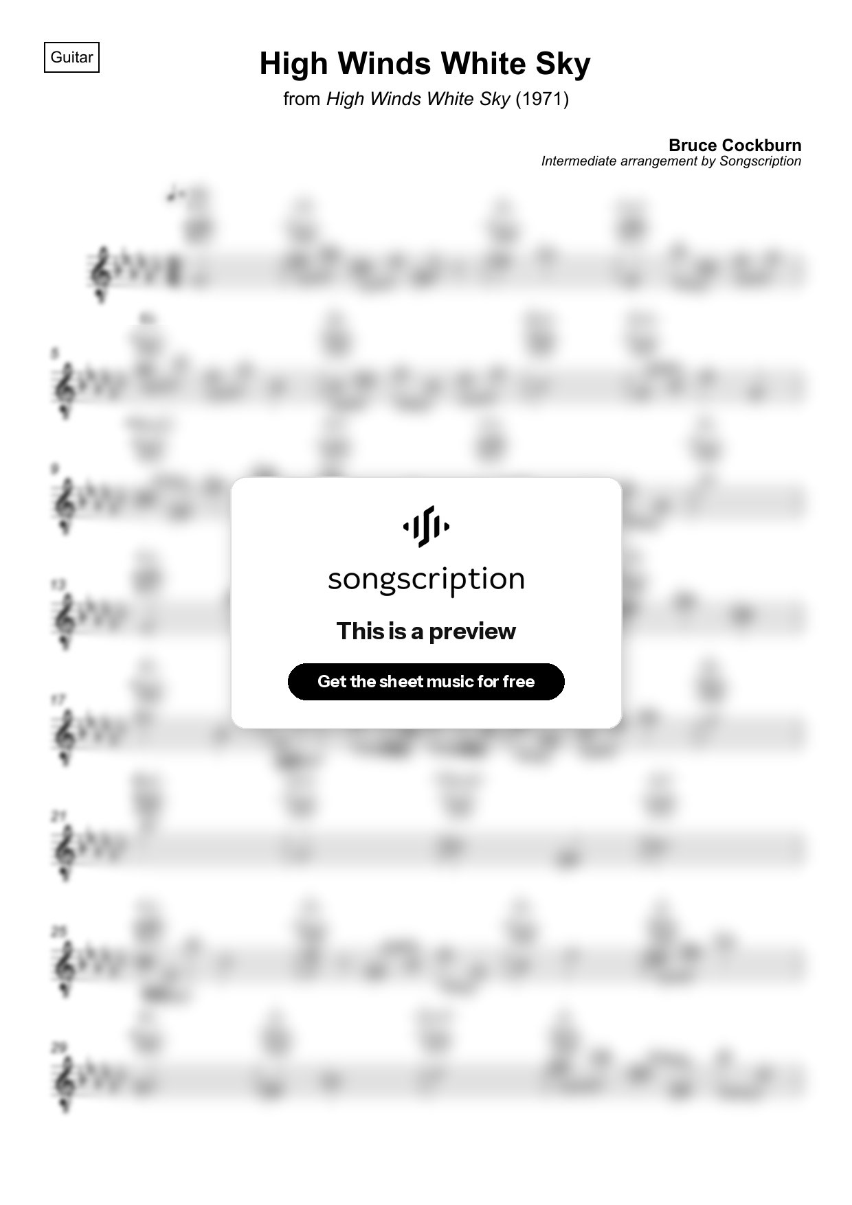 Intermediate Acoustic Guitar Sheet Music for "High Winds White Sky" by Bruce Cockburn