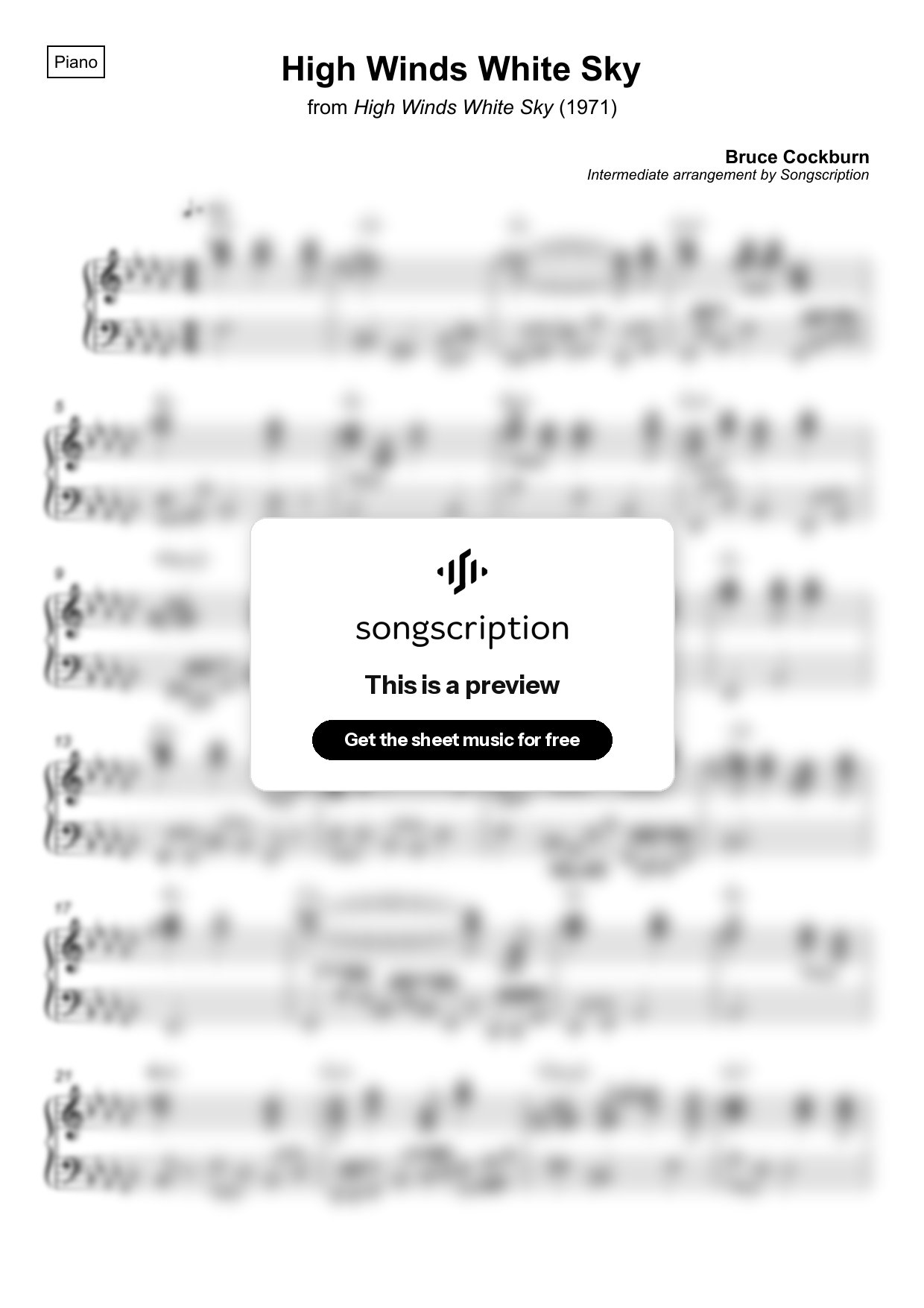 Intermediate Piano Sheet Music for "High Winds White Sky" by Bruce Cockburn